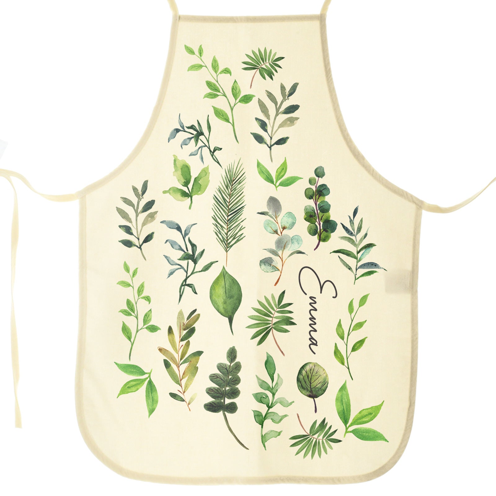 Personalised Apron with Stylish Text and Green Leaves Floral Print