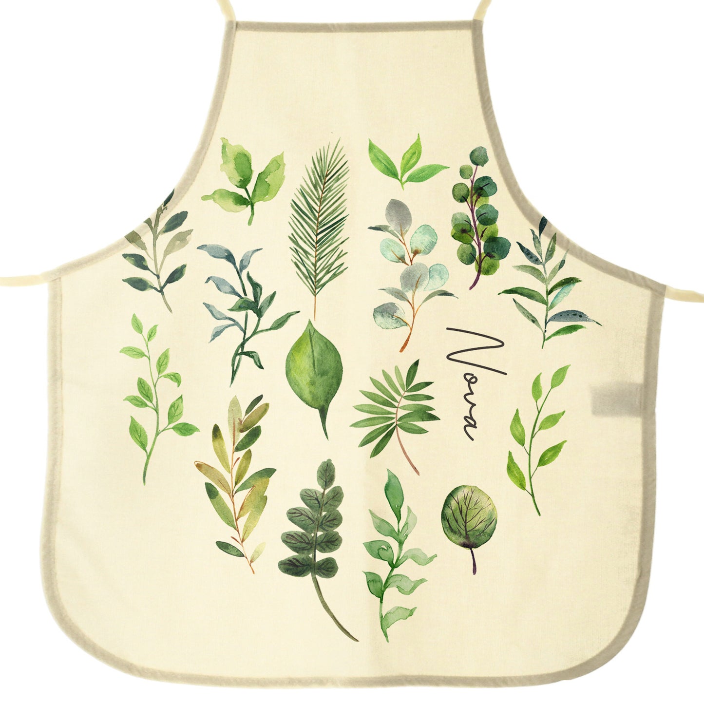 Personalised Apron with Stylish Text and Green Leaves Floral Print