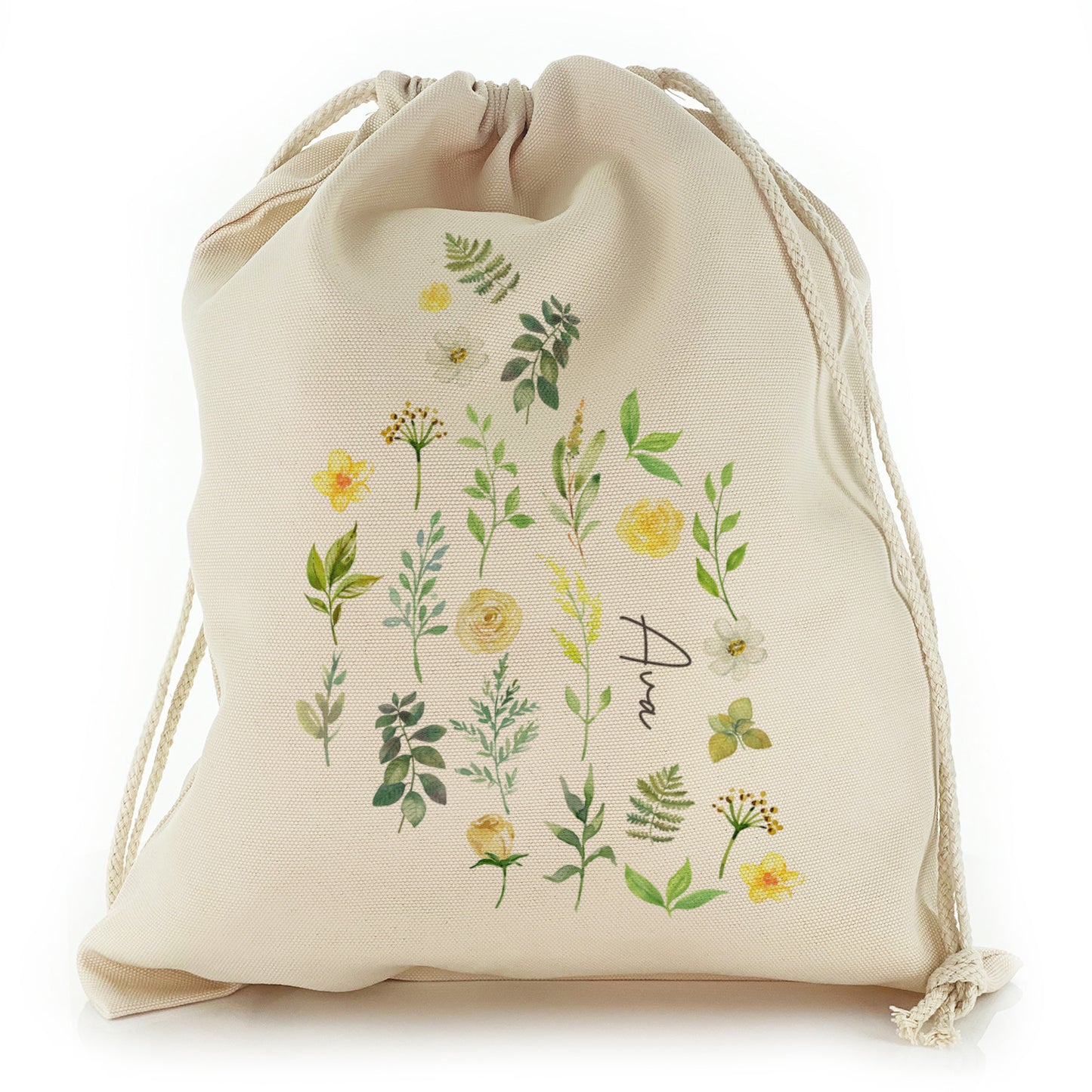 Personalised Canvas Sack with Stylish Text and Yellow Flowers Floral Print