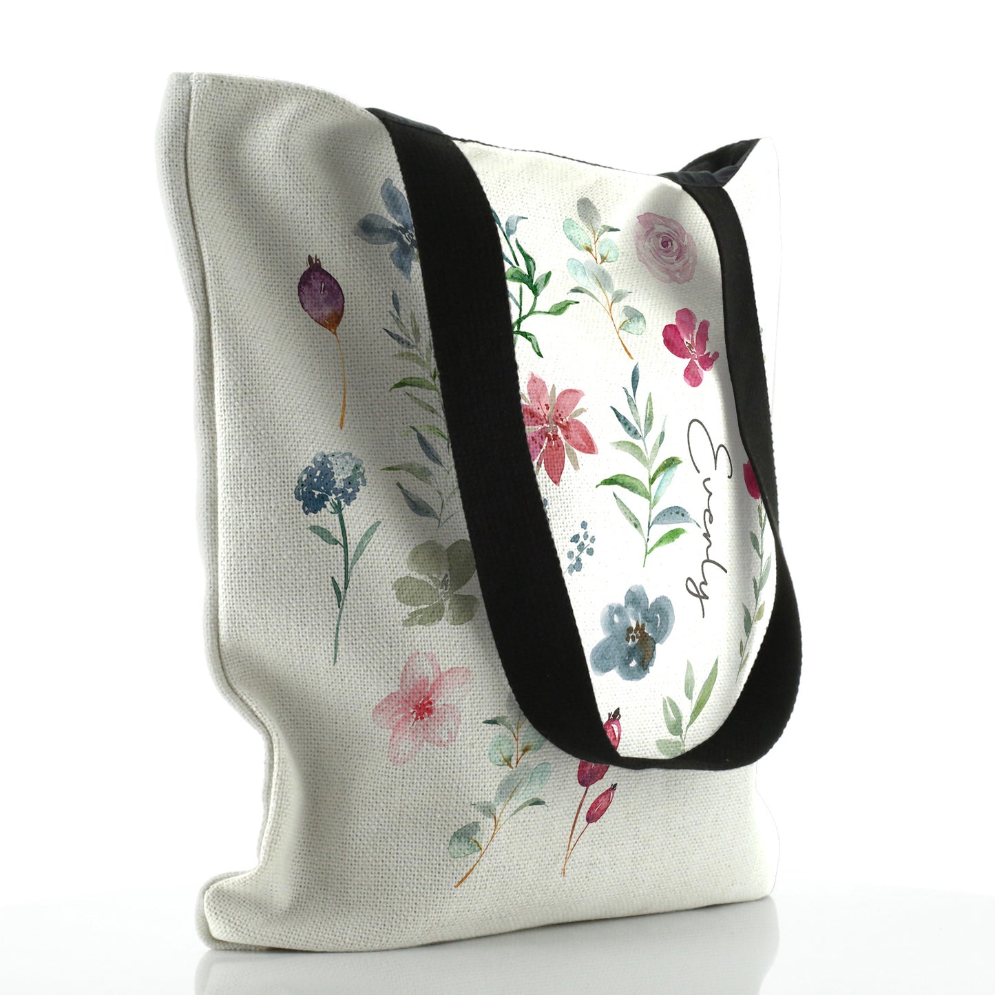 Personalised White Tote Bag with Stylish Text and Purple Flowers Floral Print