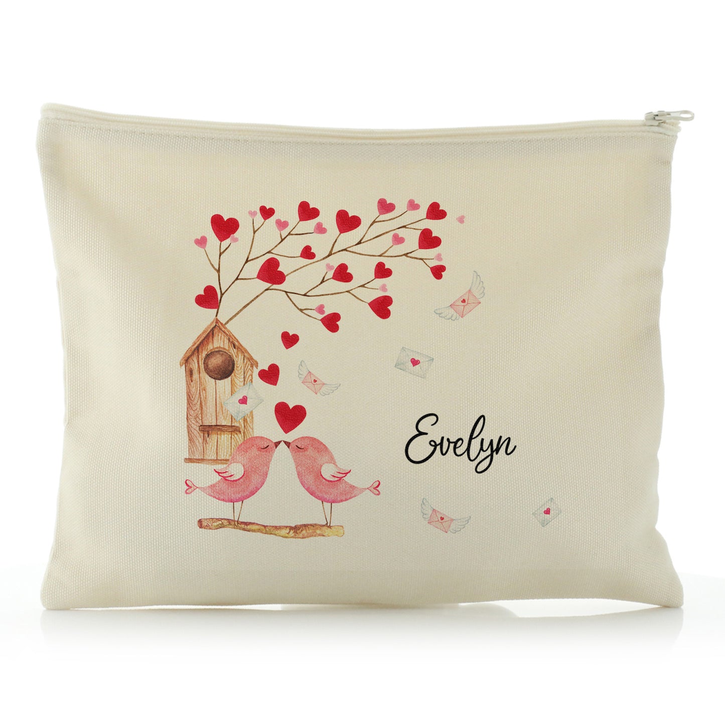 Personalised Canvas Zip Bag with Stylish Text and Love Bird Letters Print