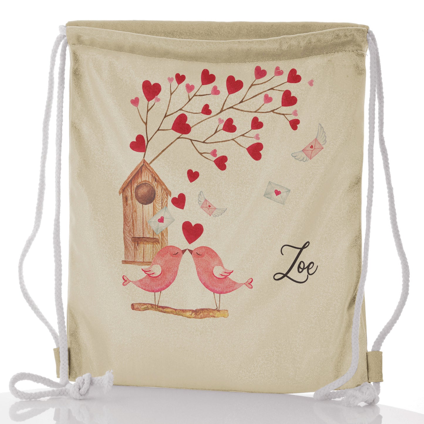 Personalised Glitter Drawstring Backpack with Stylish Text and Love Bird Letters Print