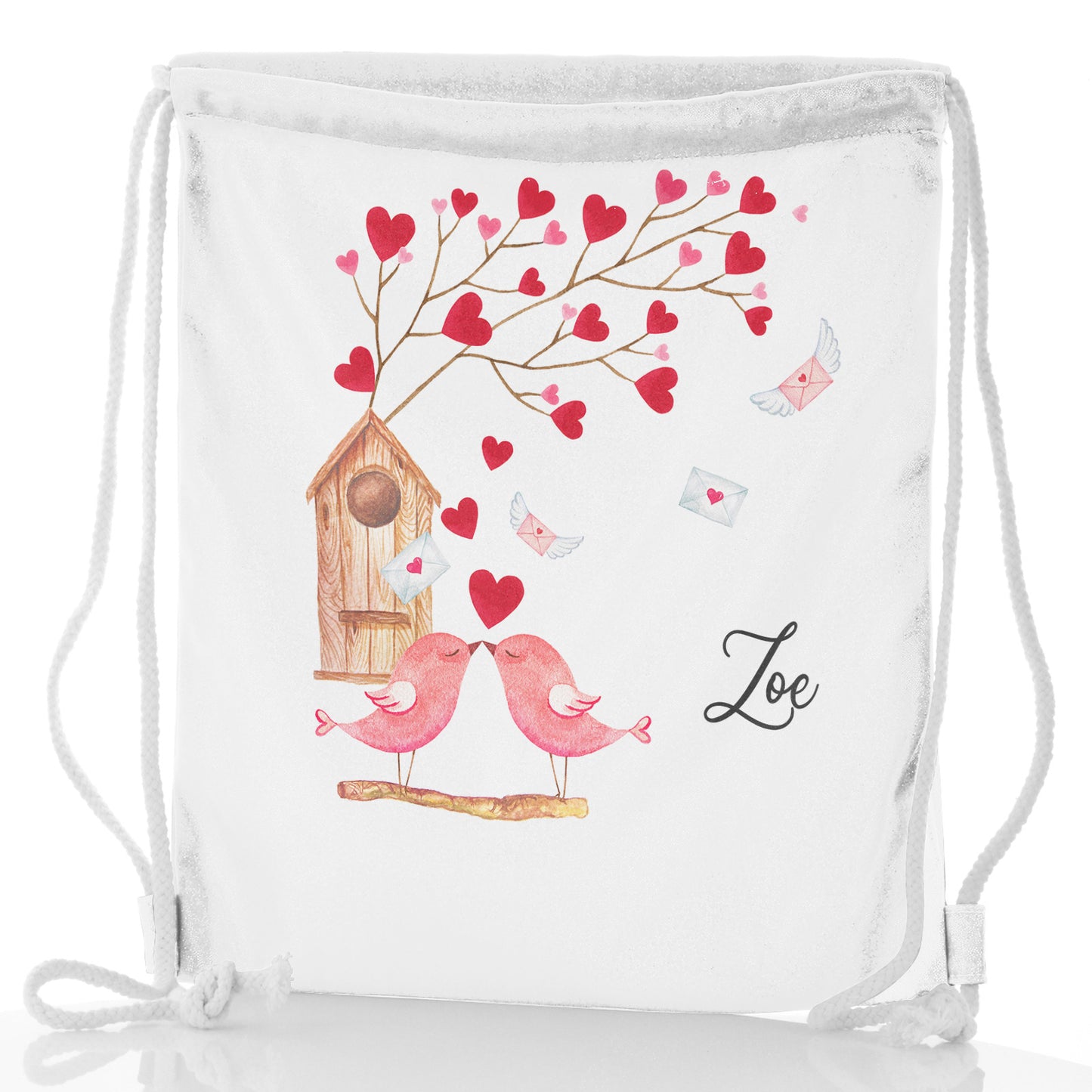 Personalised Glitter Drawstring Backpack with Stylish Text and Love Bird Letters Print