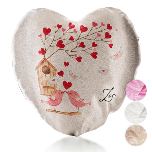 Personalised Glitter Heart Cushion with Stylish Text and Love Bird Letters Print