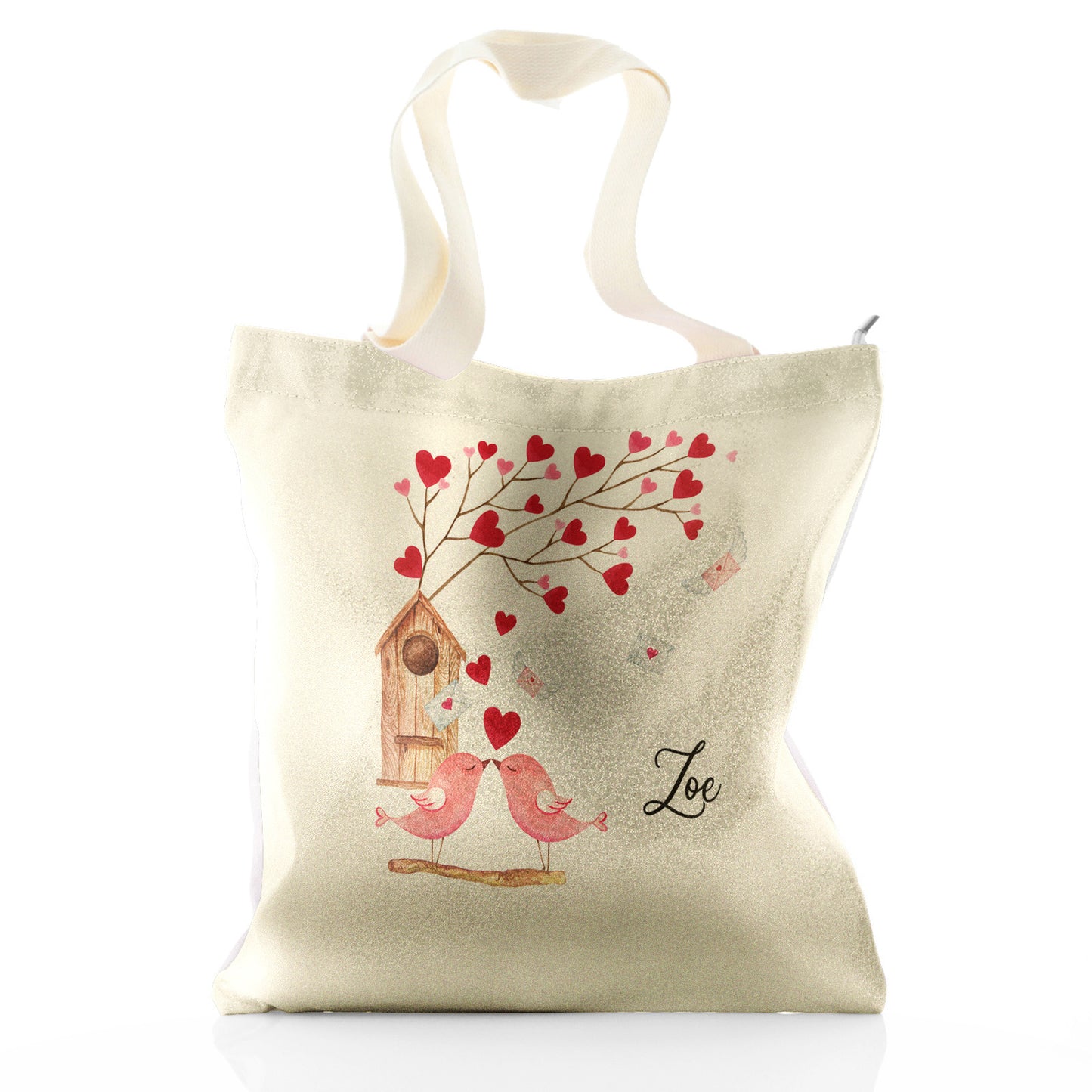 Personalised Glitter Tote Bag with Stylish Text and Love Bird Letters Print