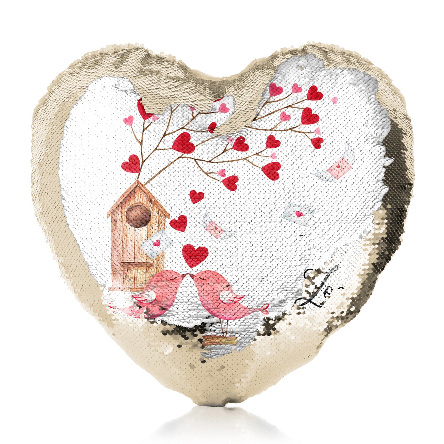 Personalised Sequin Heart Cushion with Stylish Text and Love Bird Letters Print