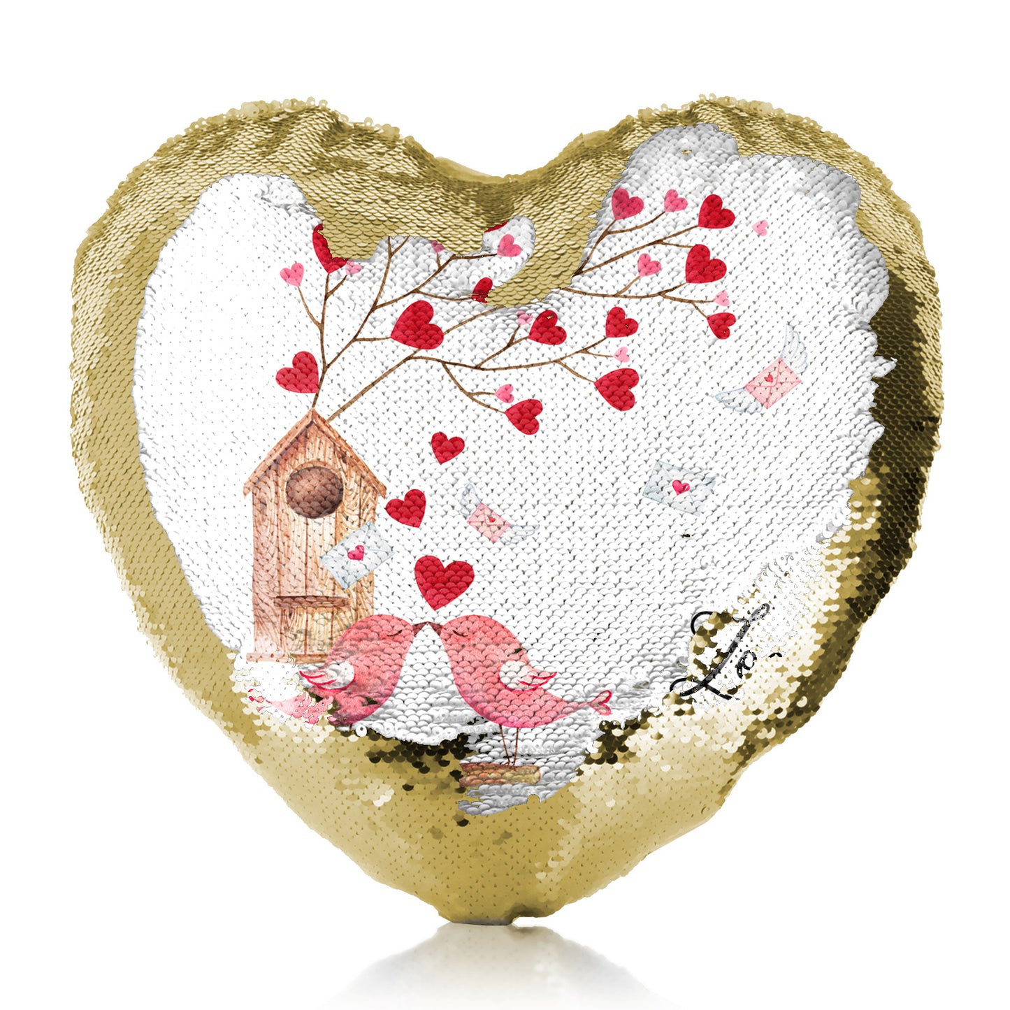 Personalised Sequin Heart Cushion with Stylish Text and Love Bird Letters Print