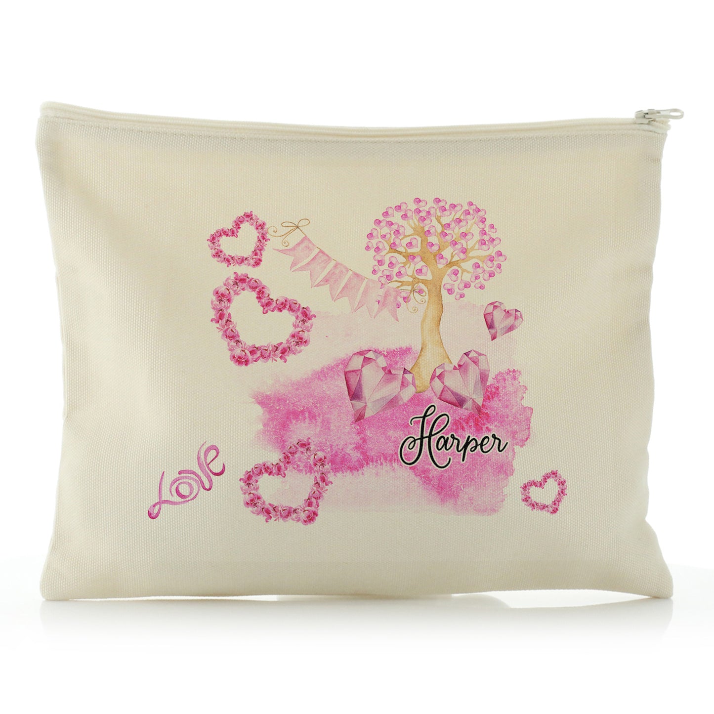Personalised Canvas Zip Bag with Stylish Text and Pink Love Landscape Print