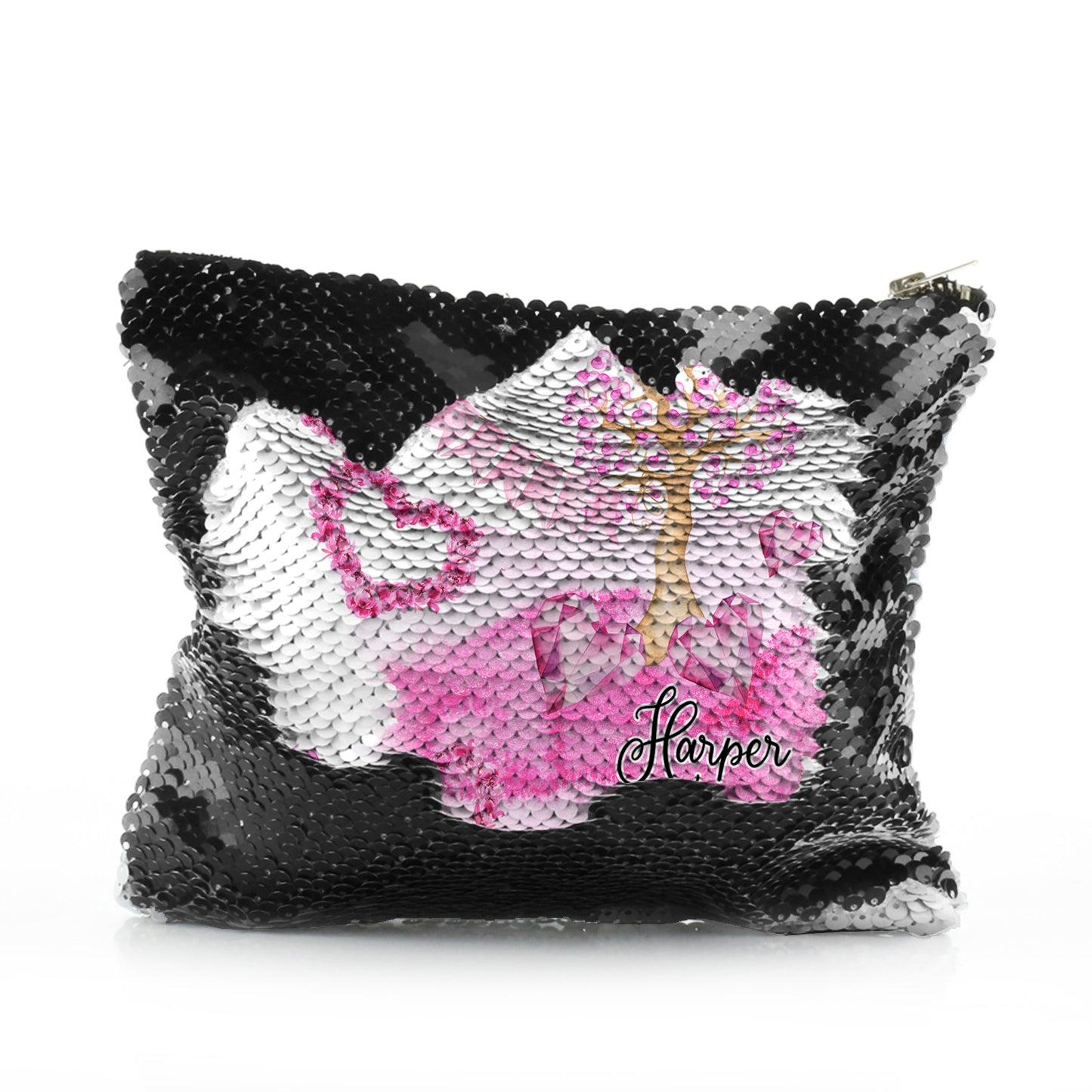 Personalisierte Pailletten-Reißverschlusstasche mit stilvollem Text und rosa Liebeslandschaftsdruck