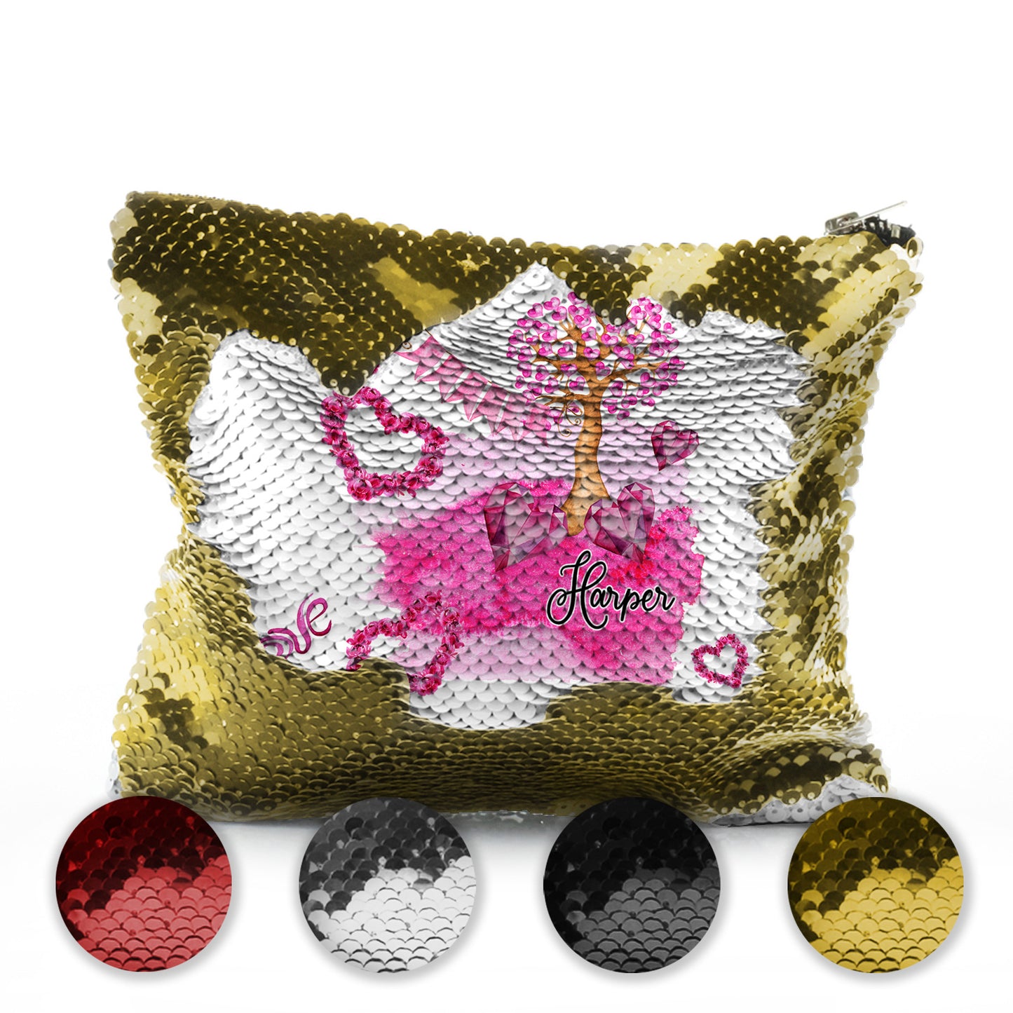 Personalised Sequin Zip Bag with Stylish Text and Pink Love Landscape Print