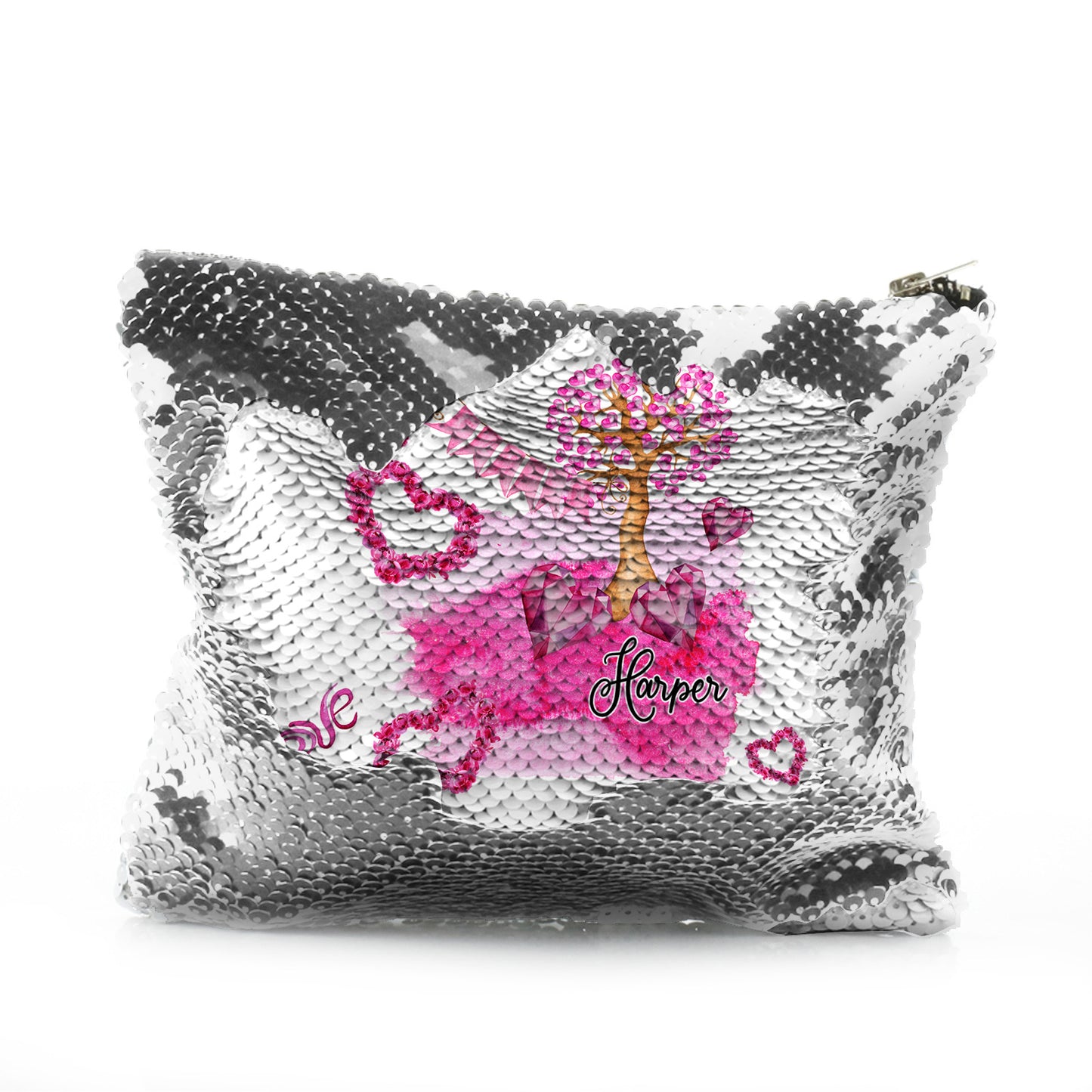 Personalised Sequin Zip Bag with Stylish Text and Pink Love Landscape Print