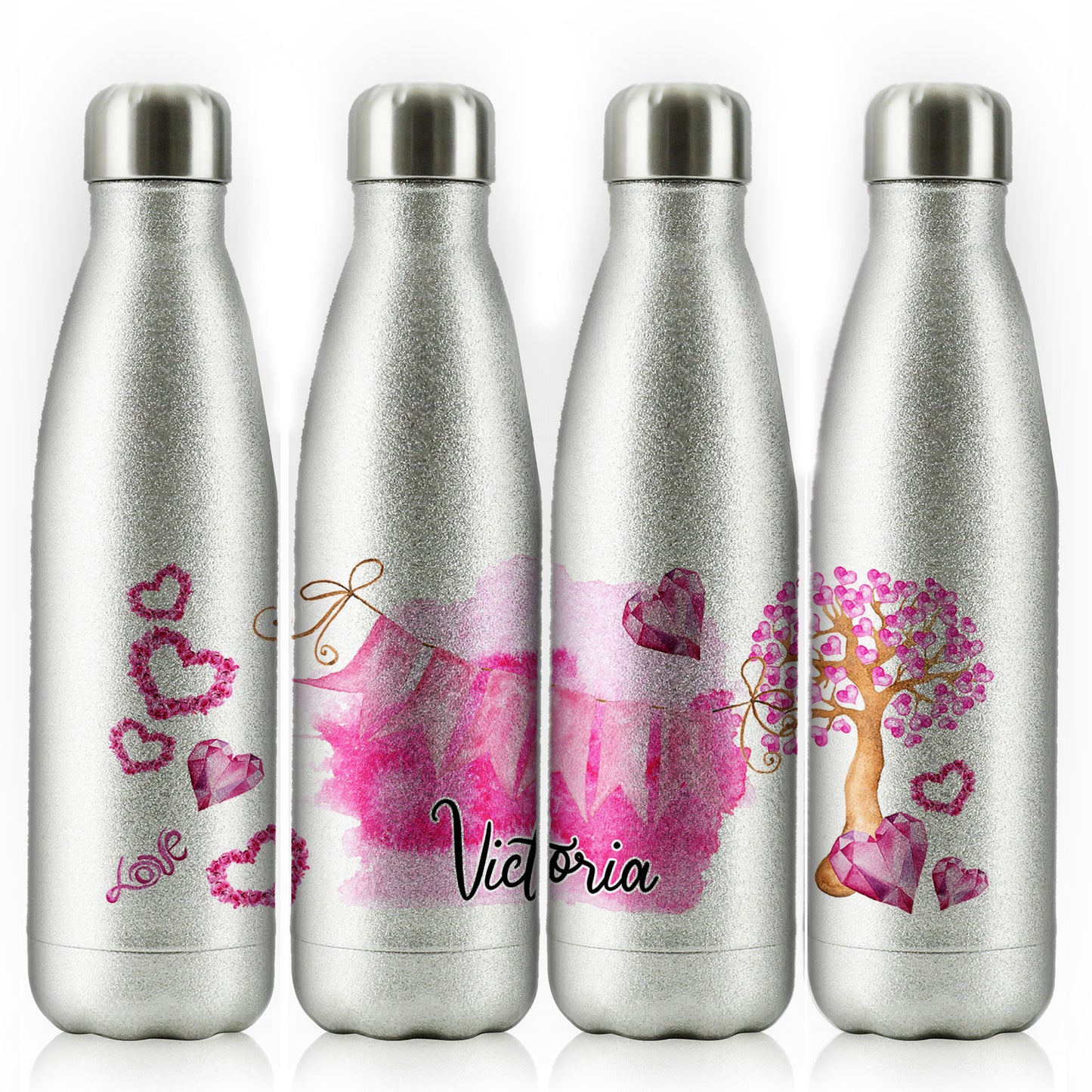 Personalisierte Cola-Flasche mit stilvollem Text und rosa Liebeslandschaftsdruck