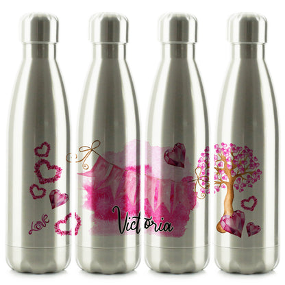 Personalised Cola Bottle with Stylish Text and Pink Love Landscape Print