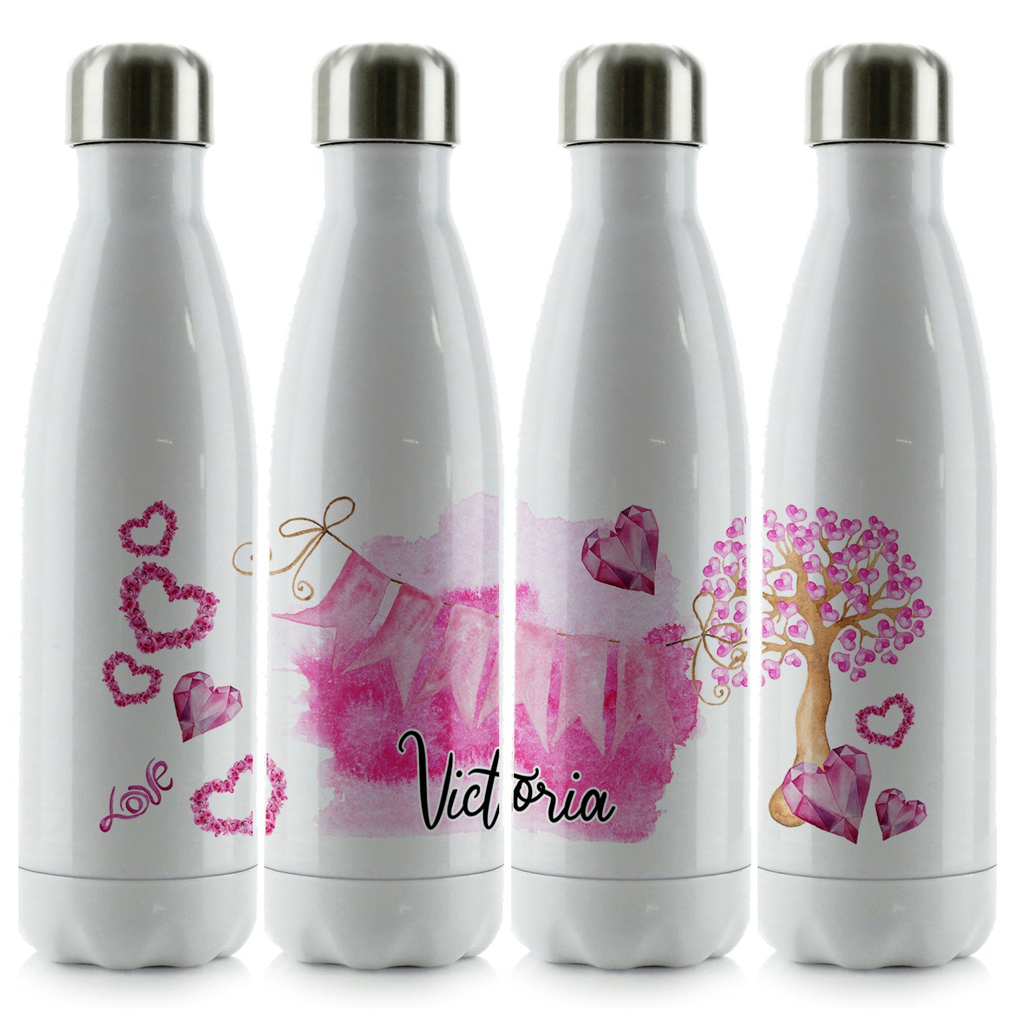Personalised Cola Bottle with Stylish Text and Pink Love Landscape Print
