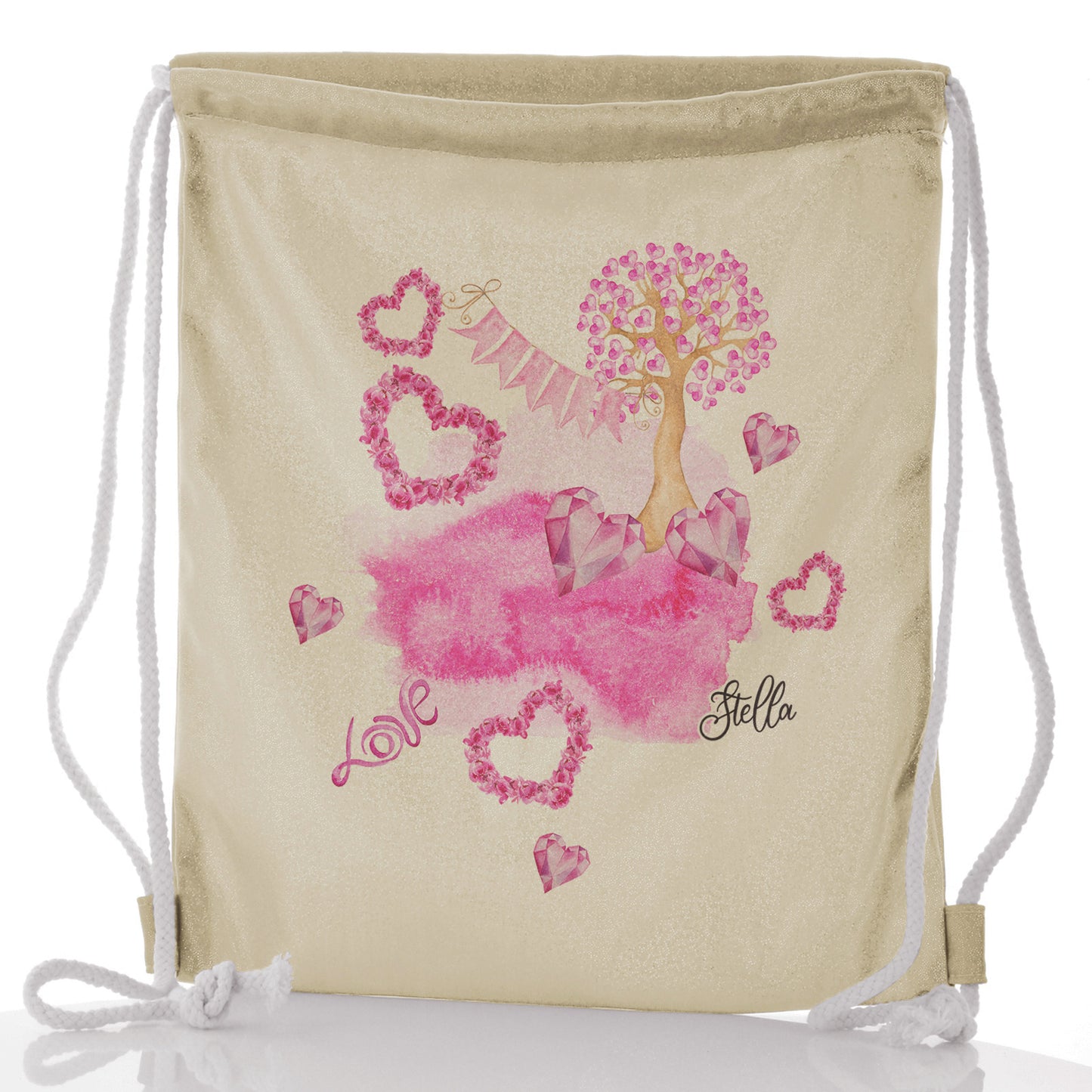 Personalisierter Glitzer-Rucksack mit Kordelzug, stilvollem Text und rosa Liebeslandschaftsdruck