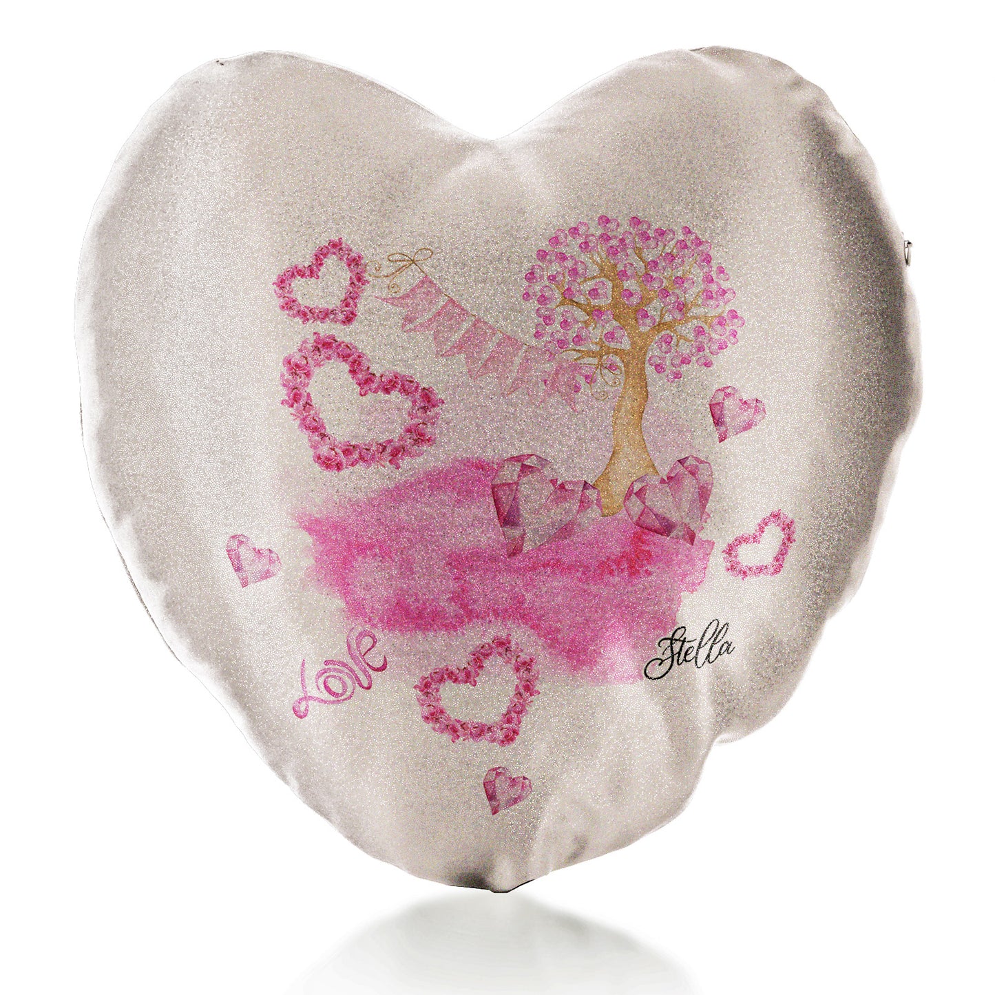 Personalised Glitter Heart Cushion with Stylish Text and Pink Love Landscape Print