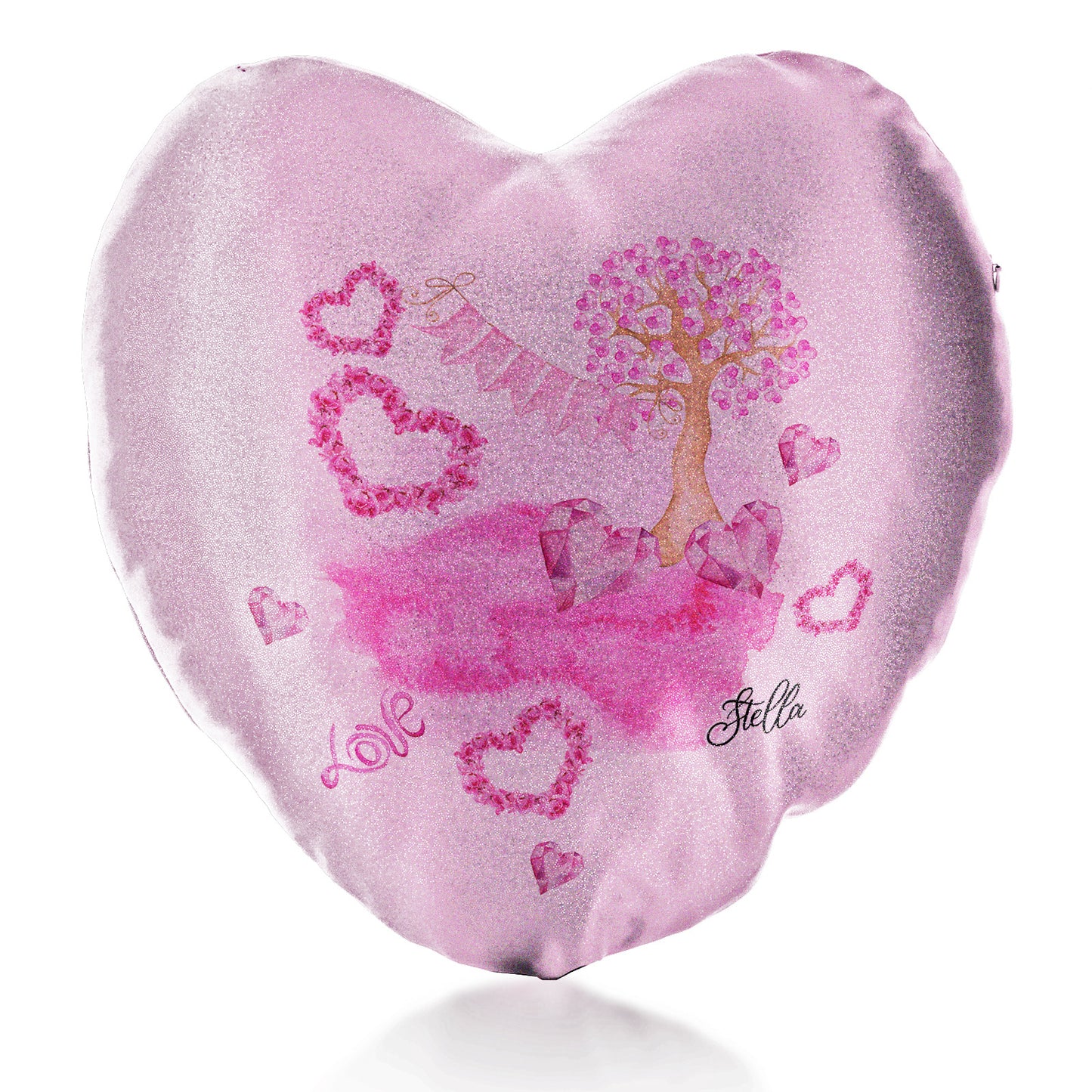 Personalised Glitter Heart Cushion with Stylish Text and Pink Love Landscape Print