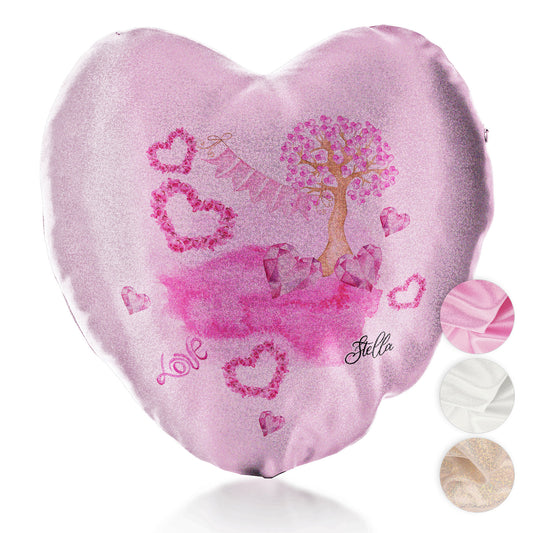 Personalisiertes Glitzer-Herzkissen mit stilvollem Text und rosa Liebeslandschaftsdruck