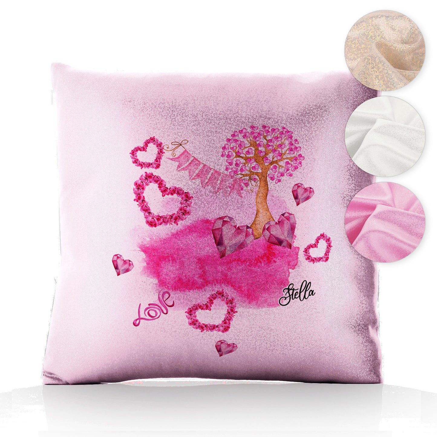 Personalised Glitter Cushion with Stylish Text and Pink Love Landscape Print