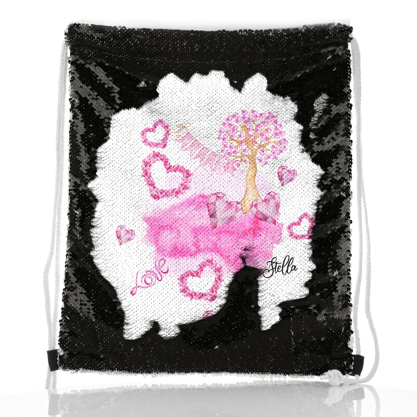 Personalised Sequin Drawstring Backpack with Stylish Text and Pink Love Landscape Print