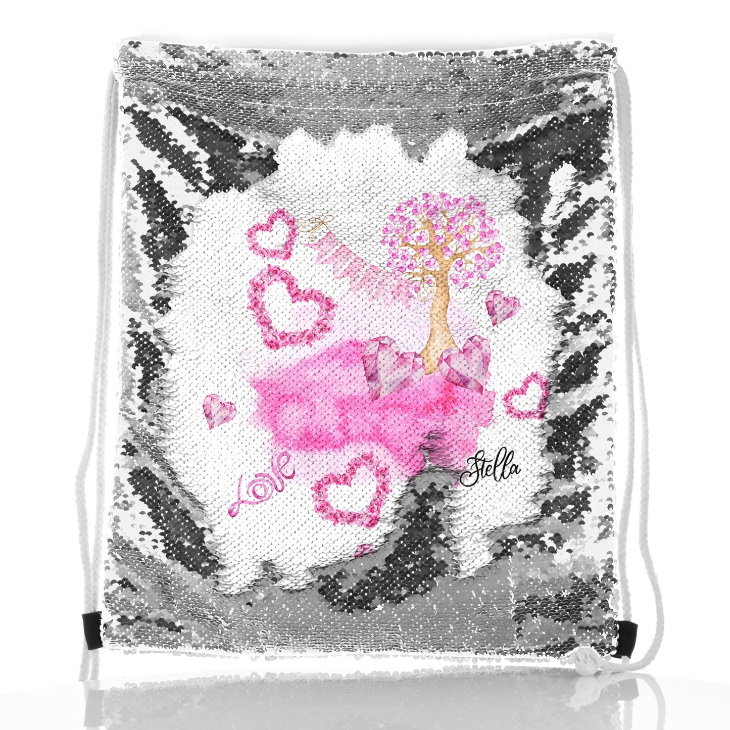 Personalisierter Pailletten-Rucksack mit Kordelzug, stilvollem Text und rosa Liebeslandschaftsdruck