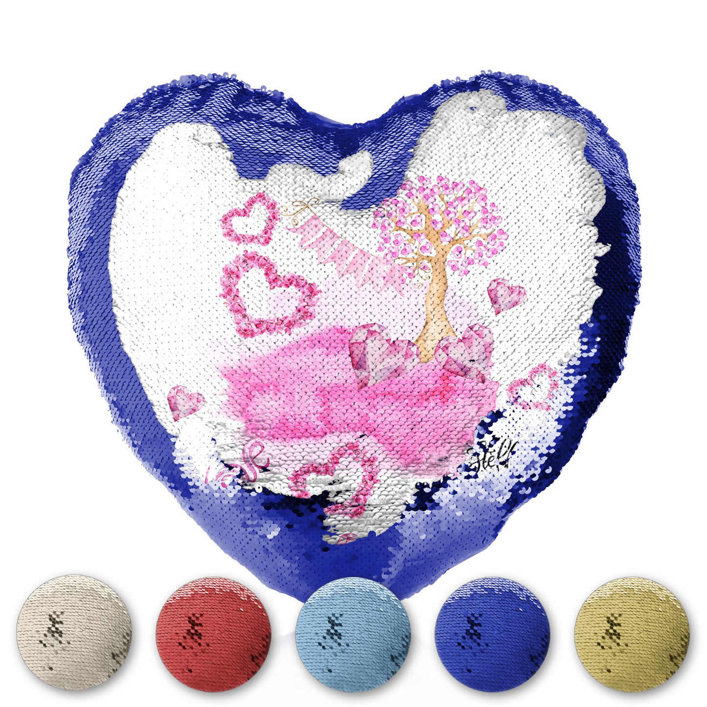 Personalised Sequin Heart Cushion with Stylish Text and Pink Love Landscape Print