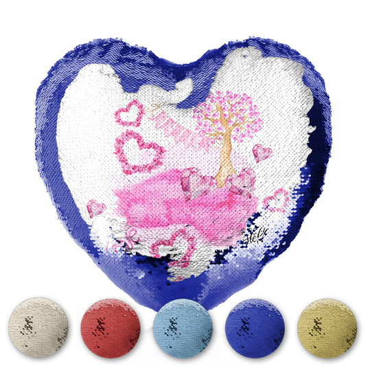 Personalised Sequin Heart Cushion with Stylish Text and Pink Love Landscape Print