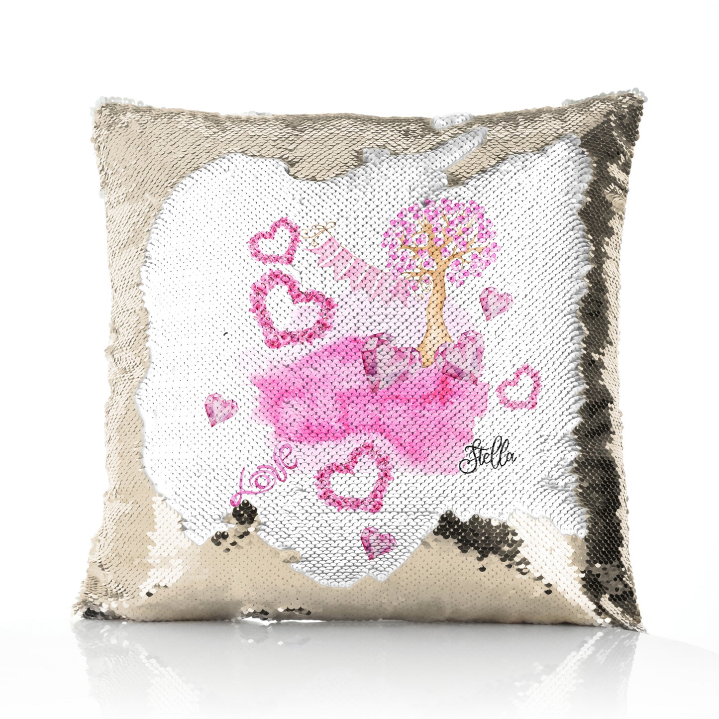 Personalised Sequin Cushion with Stylish Text and Pink Love Landscape Print