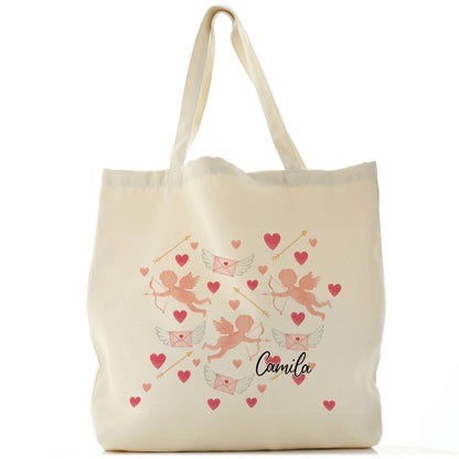 Personalised Tote Bag with Stylish Text and Cupid Hearts Print