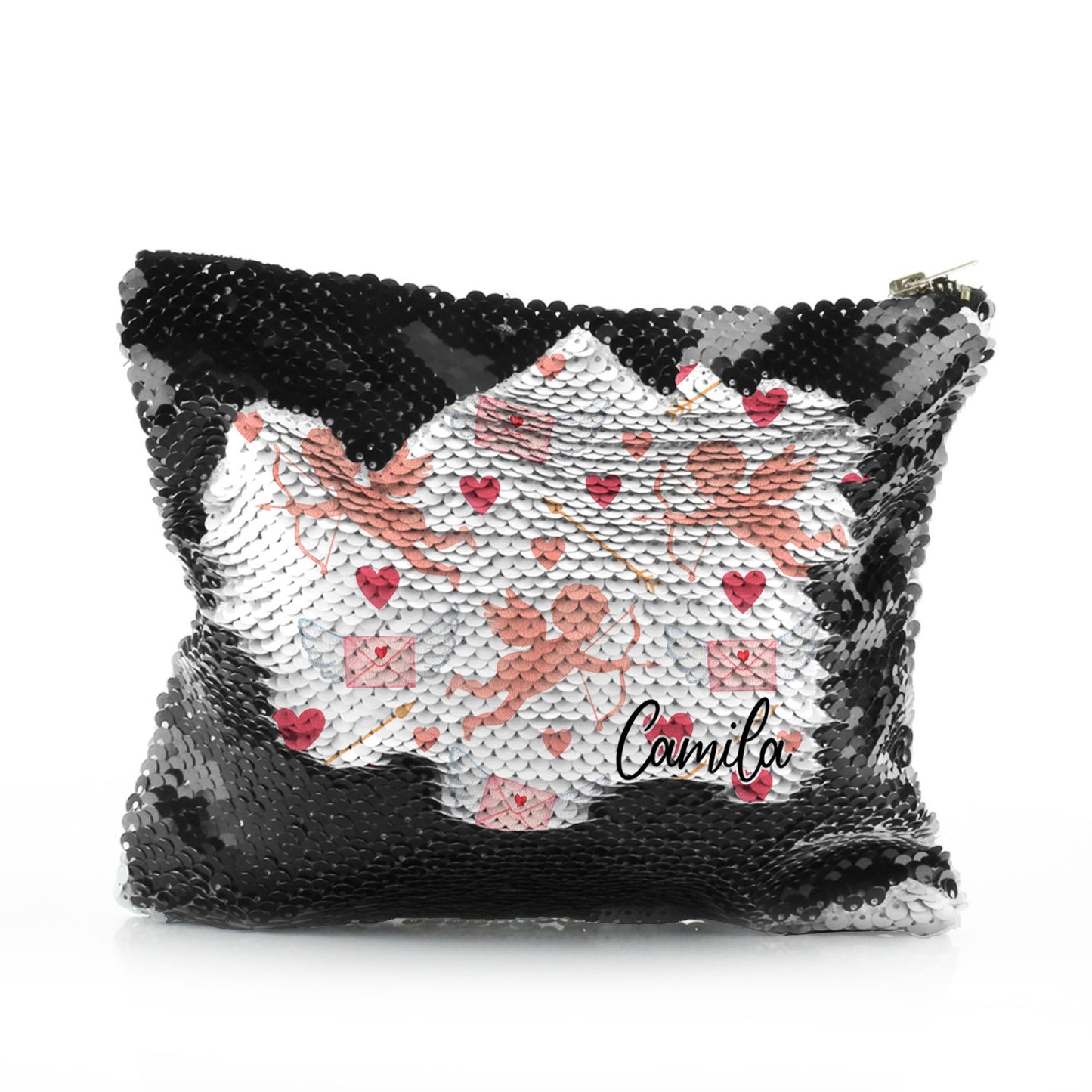 Personalised Sequin Zip Bag with Stylish Text and Cupid Hearts Print
