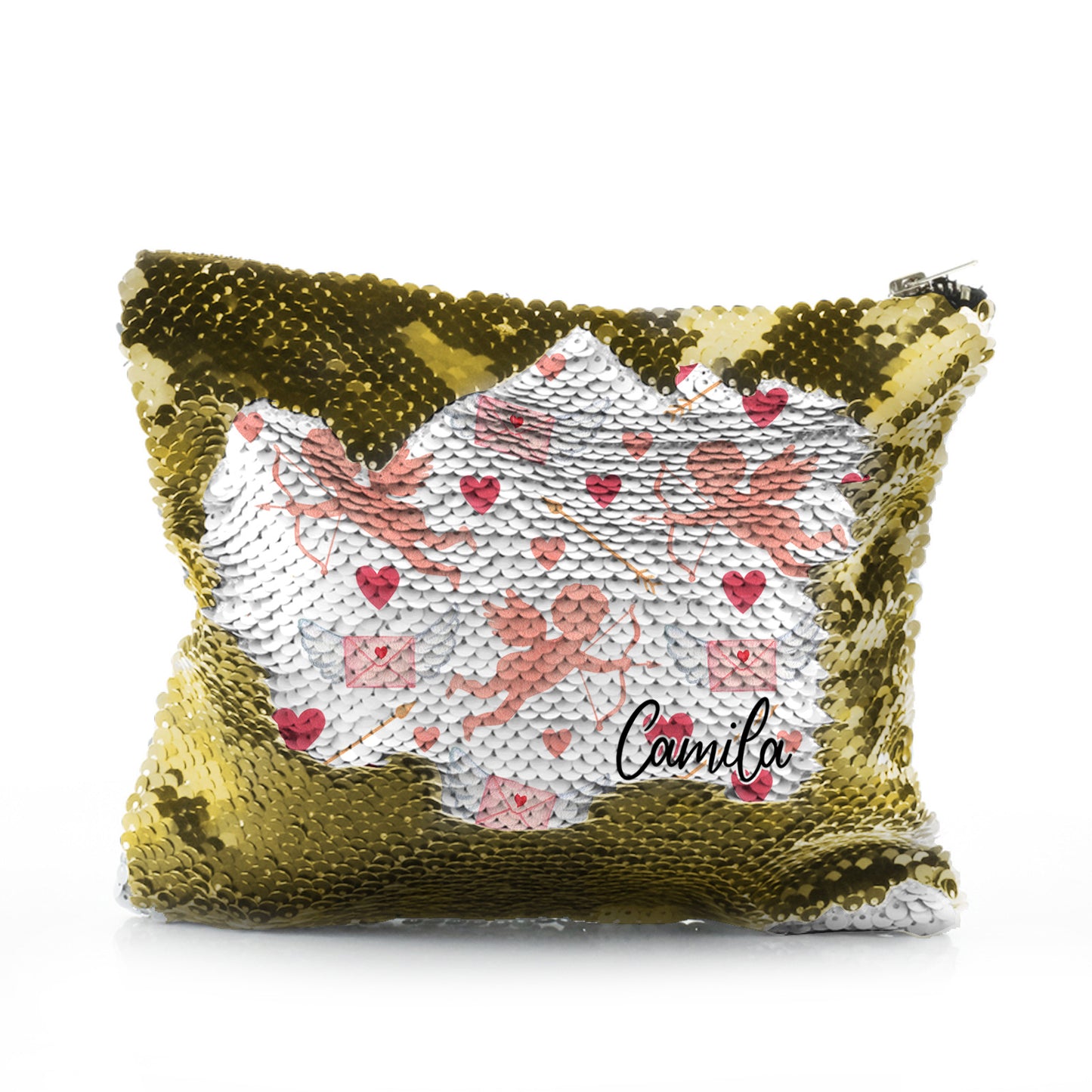 Personalised Sequin Zip Bag with Stylish Text and Cupid Hearts Print