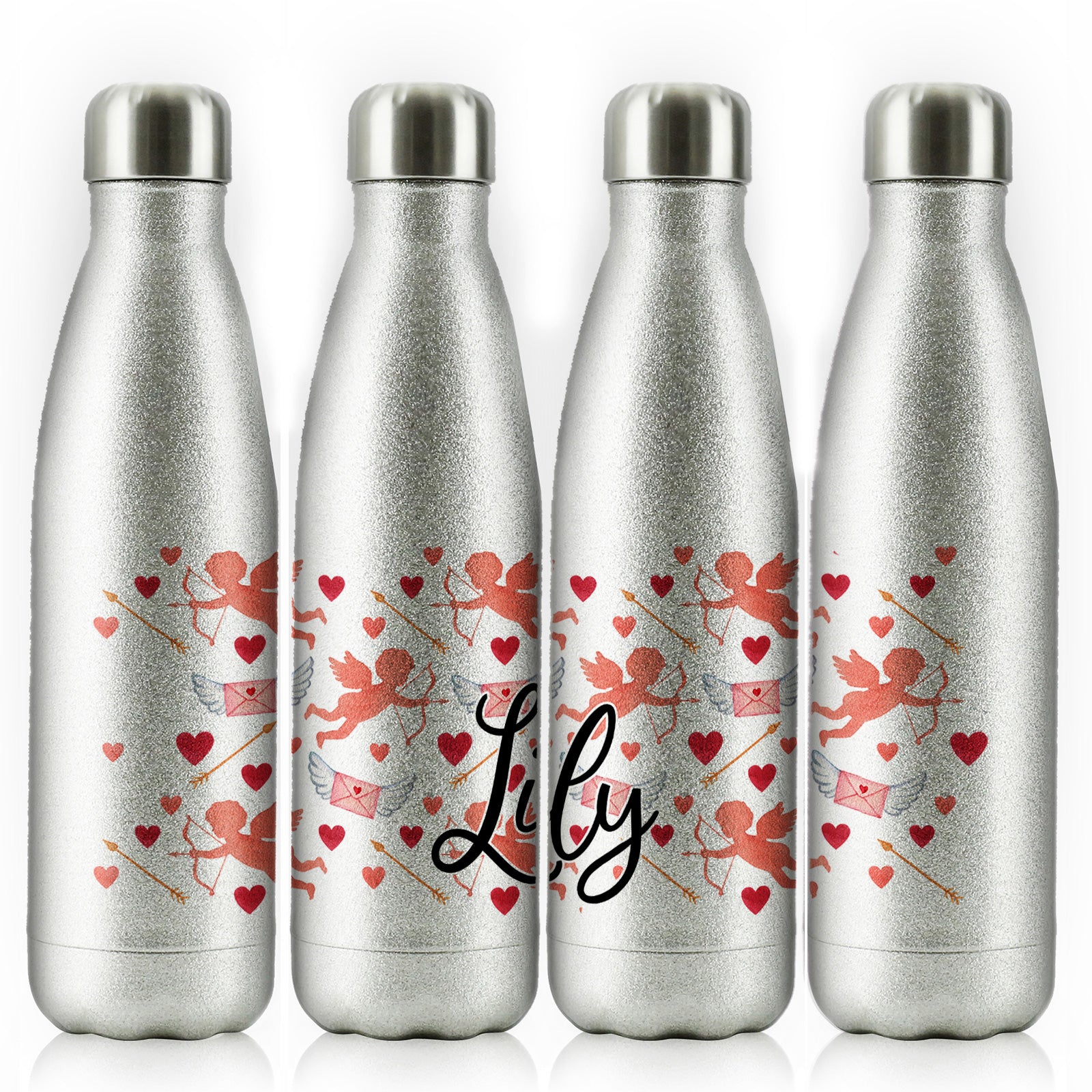 Personalised Cola Bottle with Stylish Text and Cupid Hearts Print