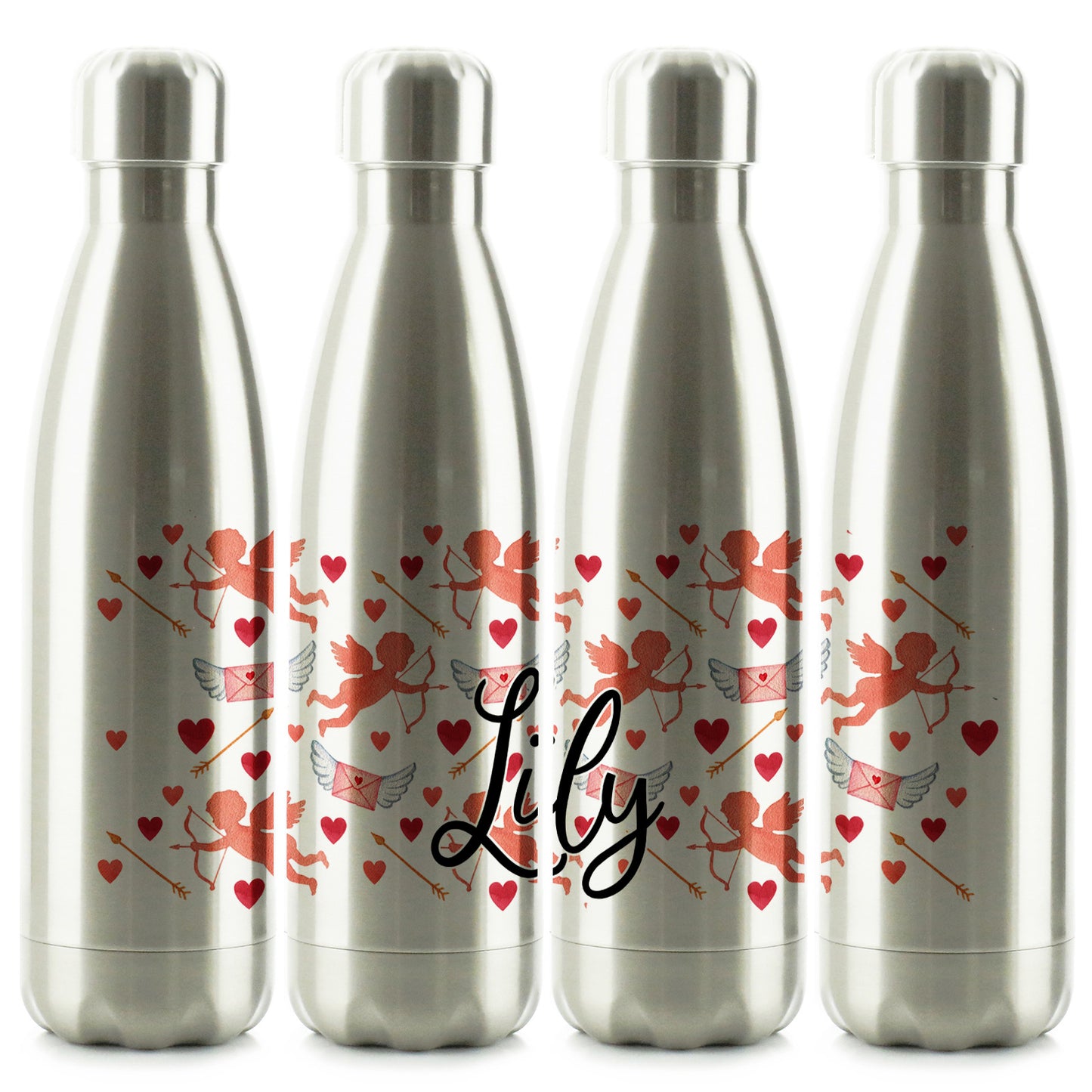 Personalisierte Cola-Flasche mit stilvollem Text und Amor-Herzen-Aufdruck