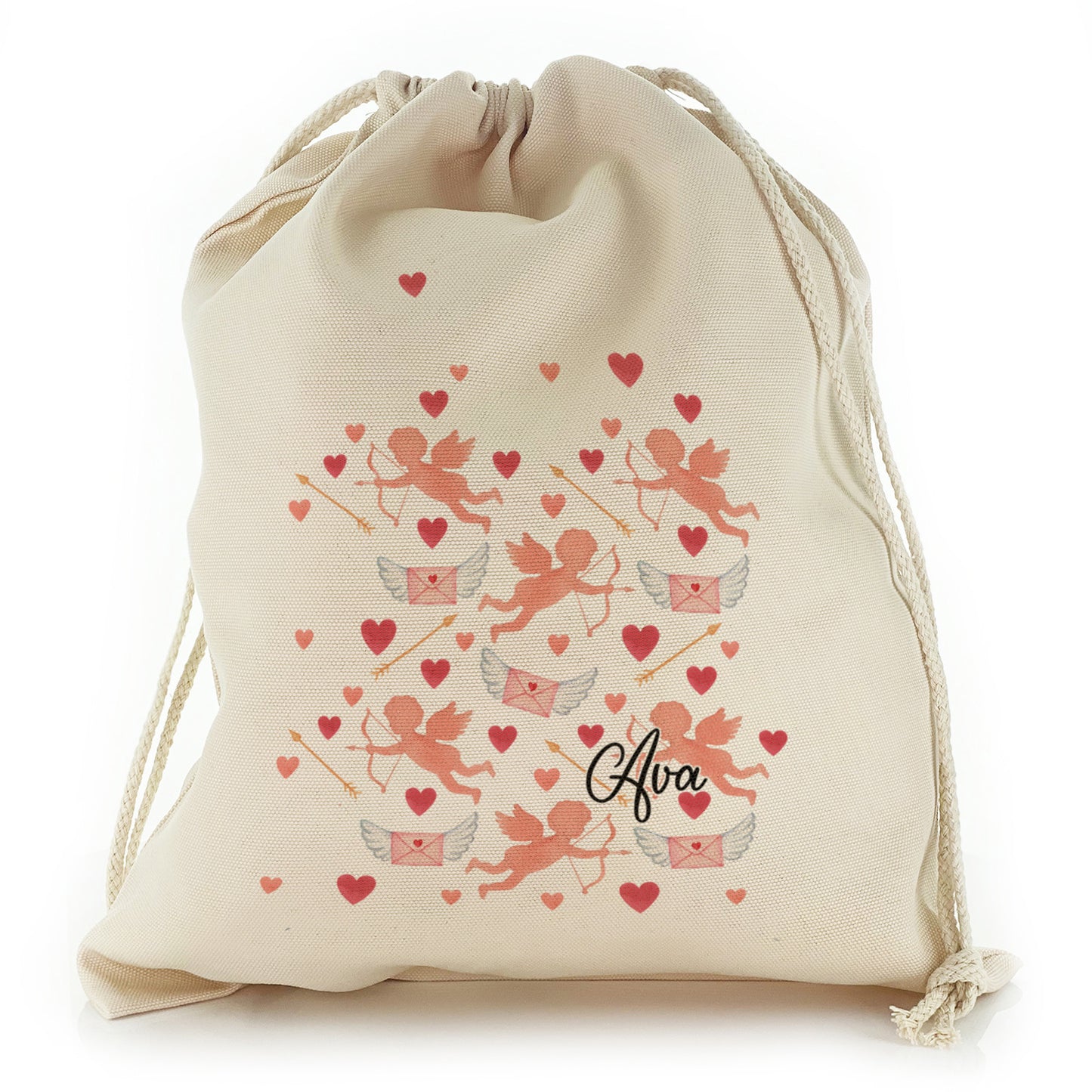 Personalised Canvas Sack with Stylish Text and Cupid Hearts Print