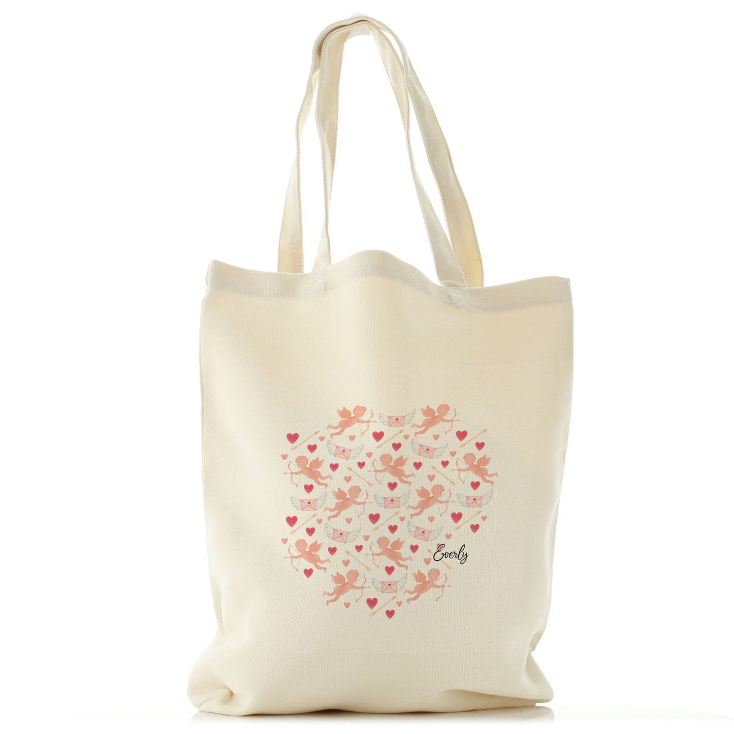 Personalised Canvas Tote Bag with Stylish Text and Cupid Hearts Print