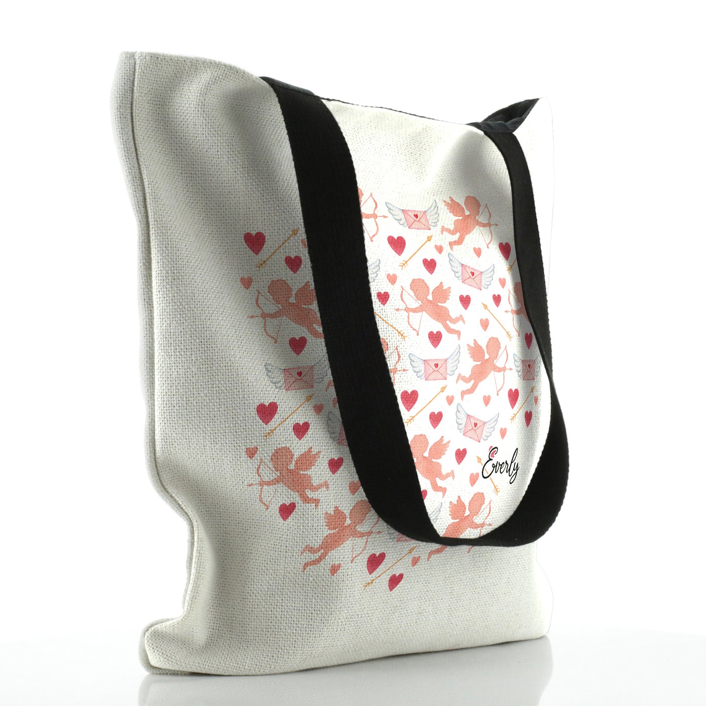 Personalised White Tote Bag with Stylish Text and Cupid Hearts Print