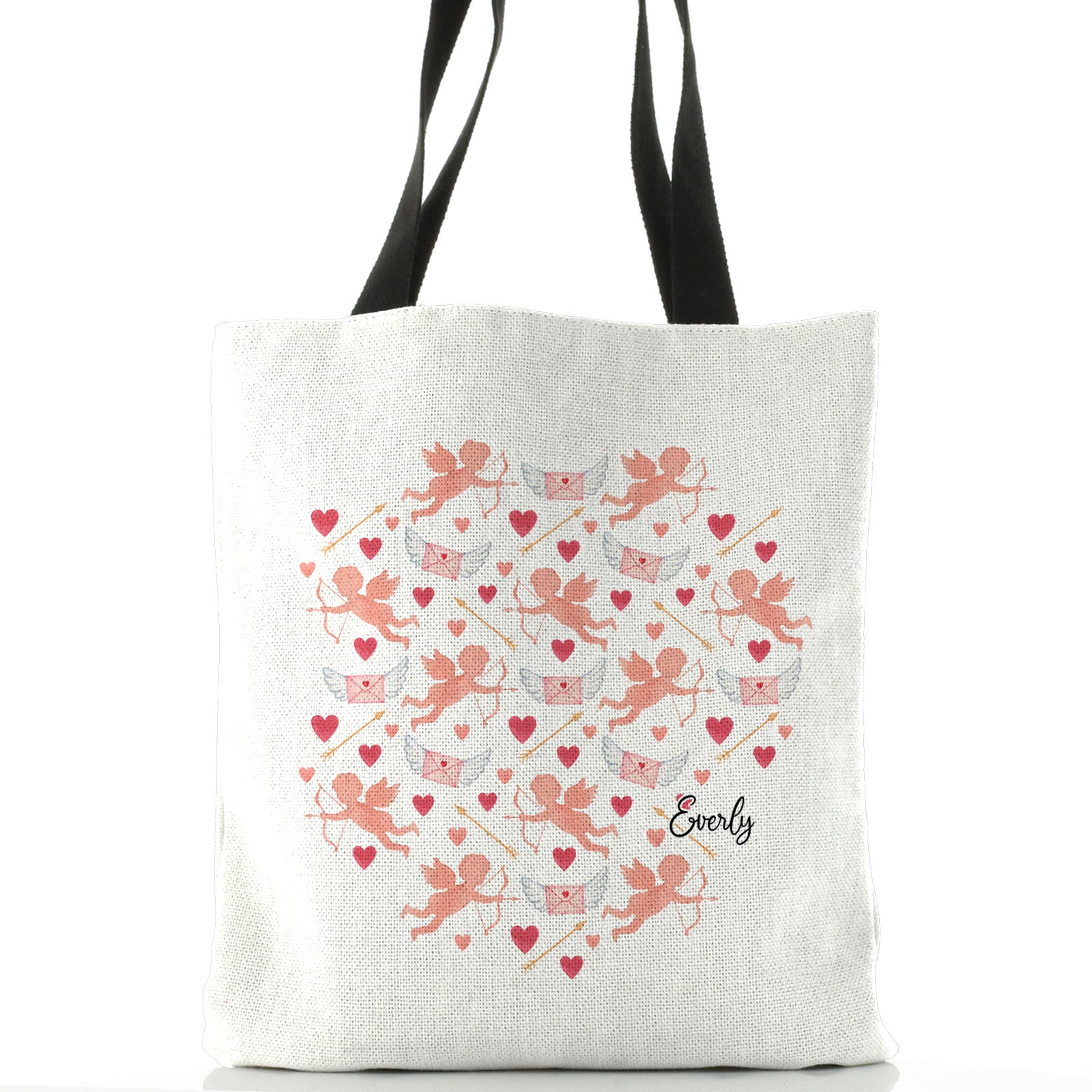 Personalised White Tote Bag with Stylish Text and Cupid Hearts Print