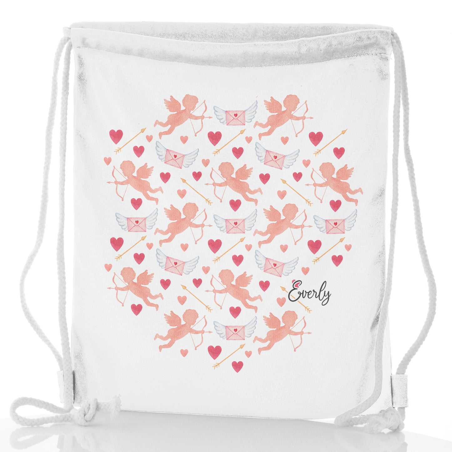 Personalised Glitter Drawstring Backpack with Stylish Text and Cupid Hearts Print