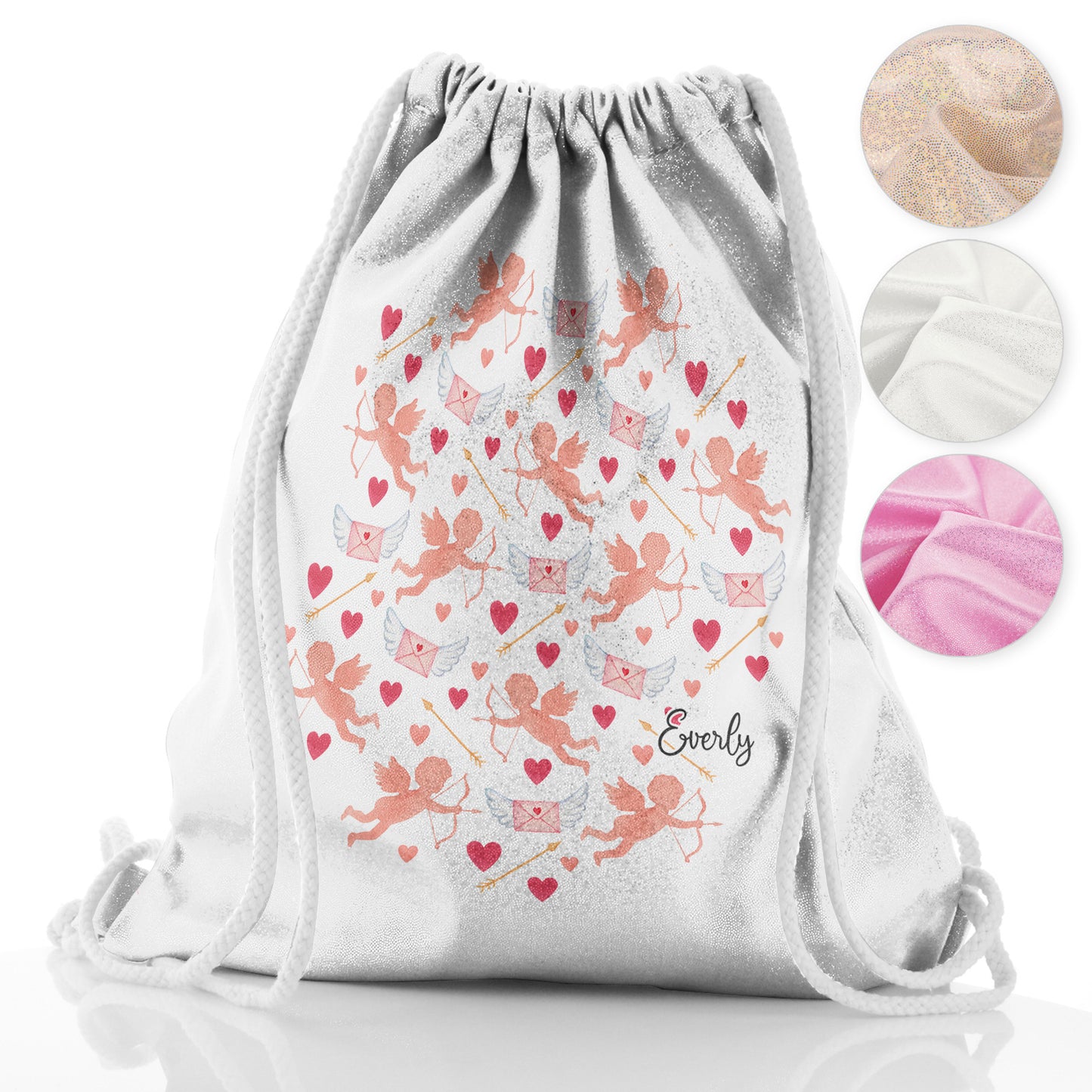 Personalised Glitter Drawstring Backpack with Stylish Text and Cupid Hearts Print