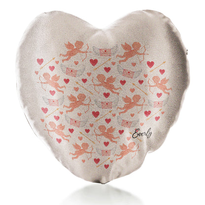Personalised Glitter Heart Cushion with Stylish Text and Cupid Hearts Print