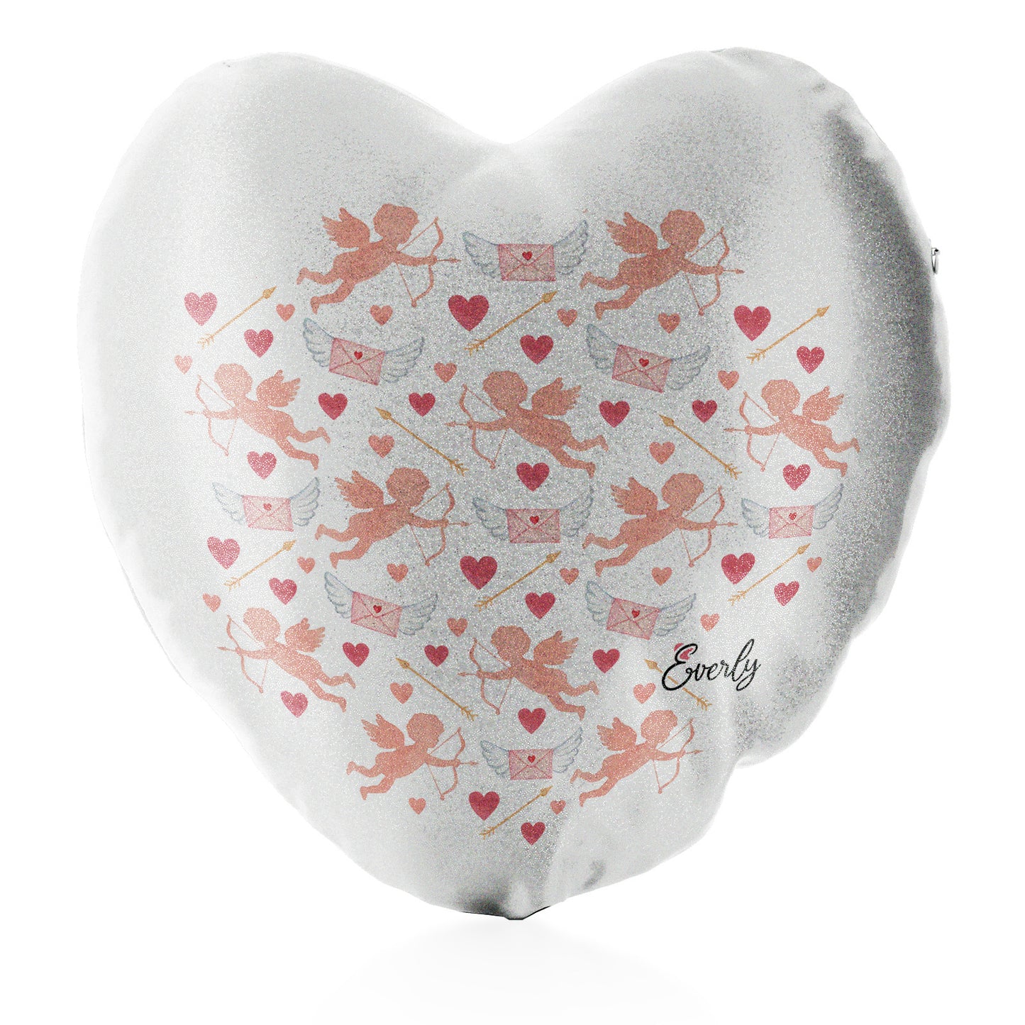 Personalised Glitter Heart Cushion with Stylish Text and Cupid Hearts Print