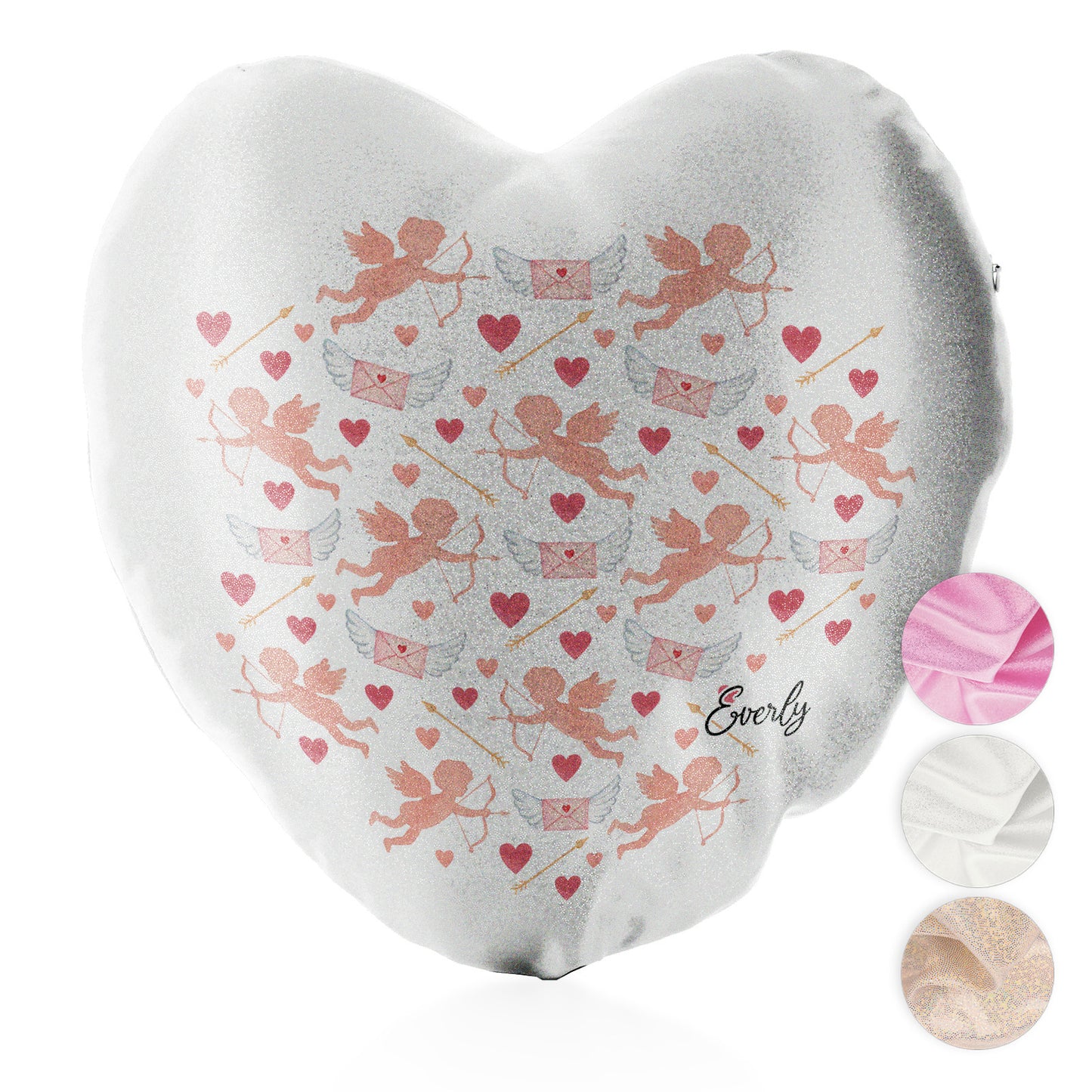 Personalised Glitter Heart Cushion with Stylish Text and Cupid Hearts Print