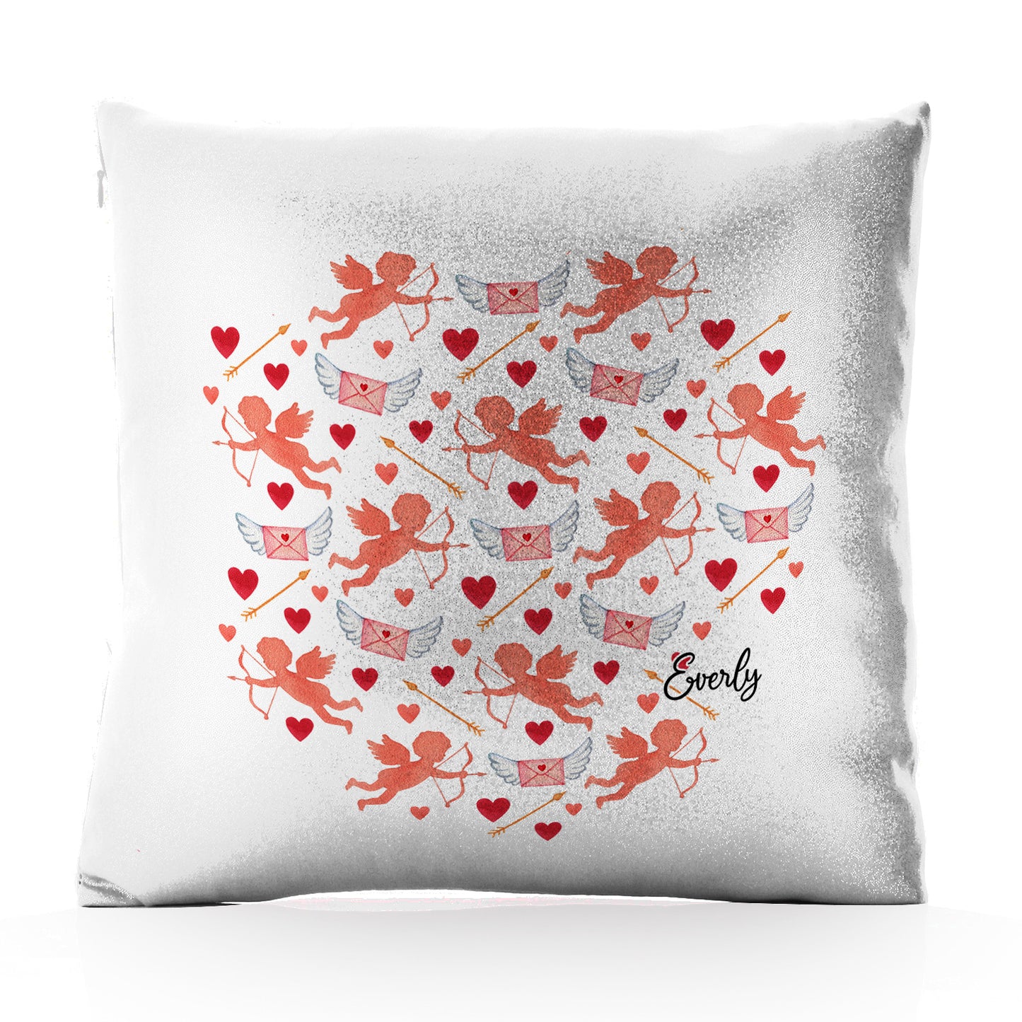 Personalised Glitter Cushion with Stylish Text and Cupid Hearts Print