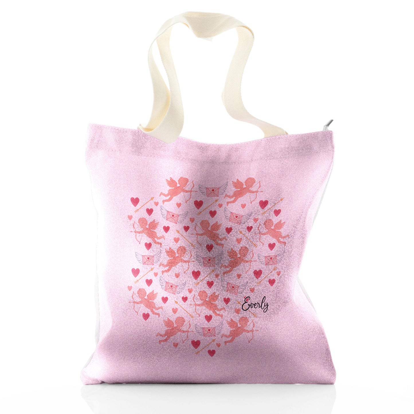 Personalised Glitter Tote Bag with Stylish Text and Cupid Hearts Print