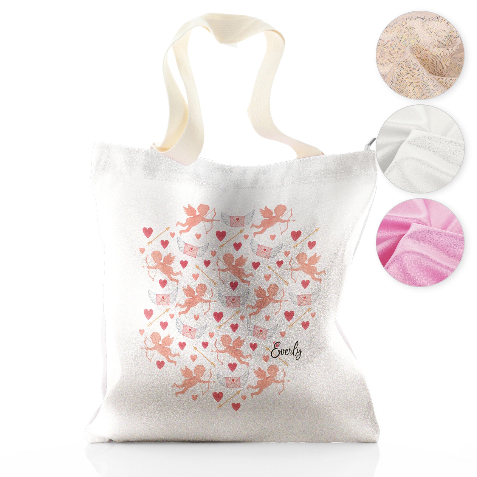 Personalised Glitter Tote Bag with Stylish Text and Cupid Hearts Print