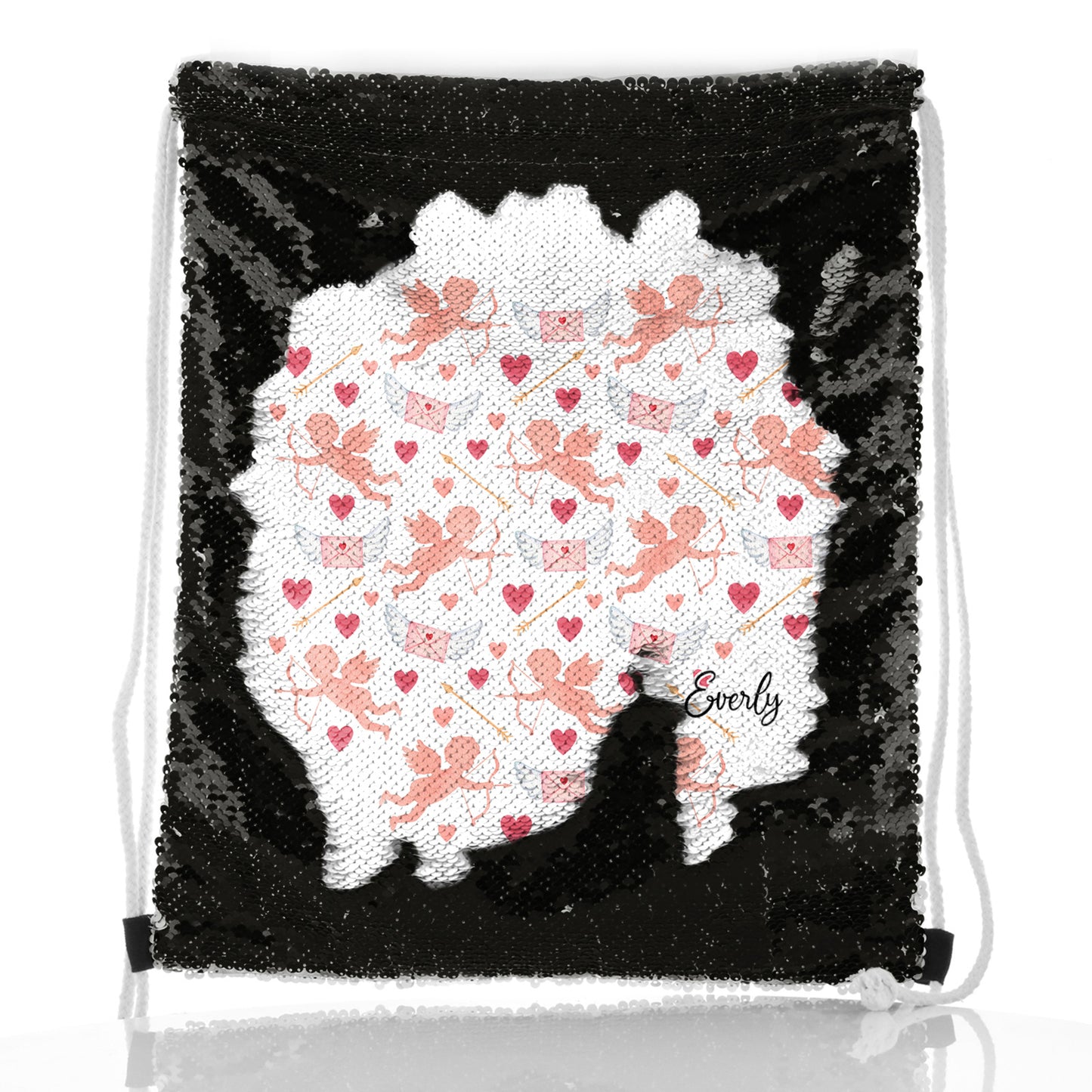 Personalised Sequin Drawstring Backpack with Stylish Text and Cupid Hearts Print