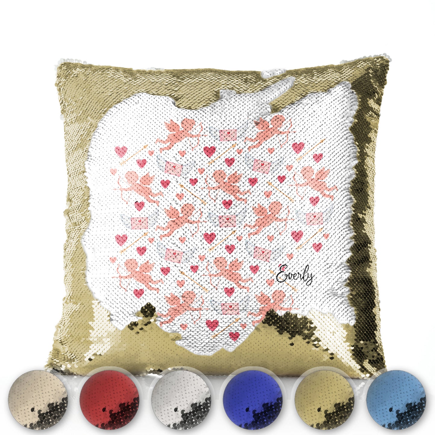 Personalised Sequin Cushion with Stylish Text and Cupid Hearts Print