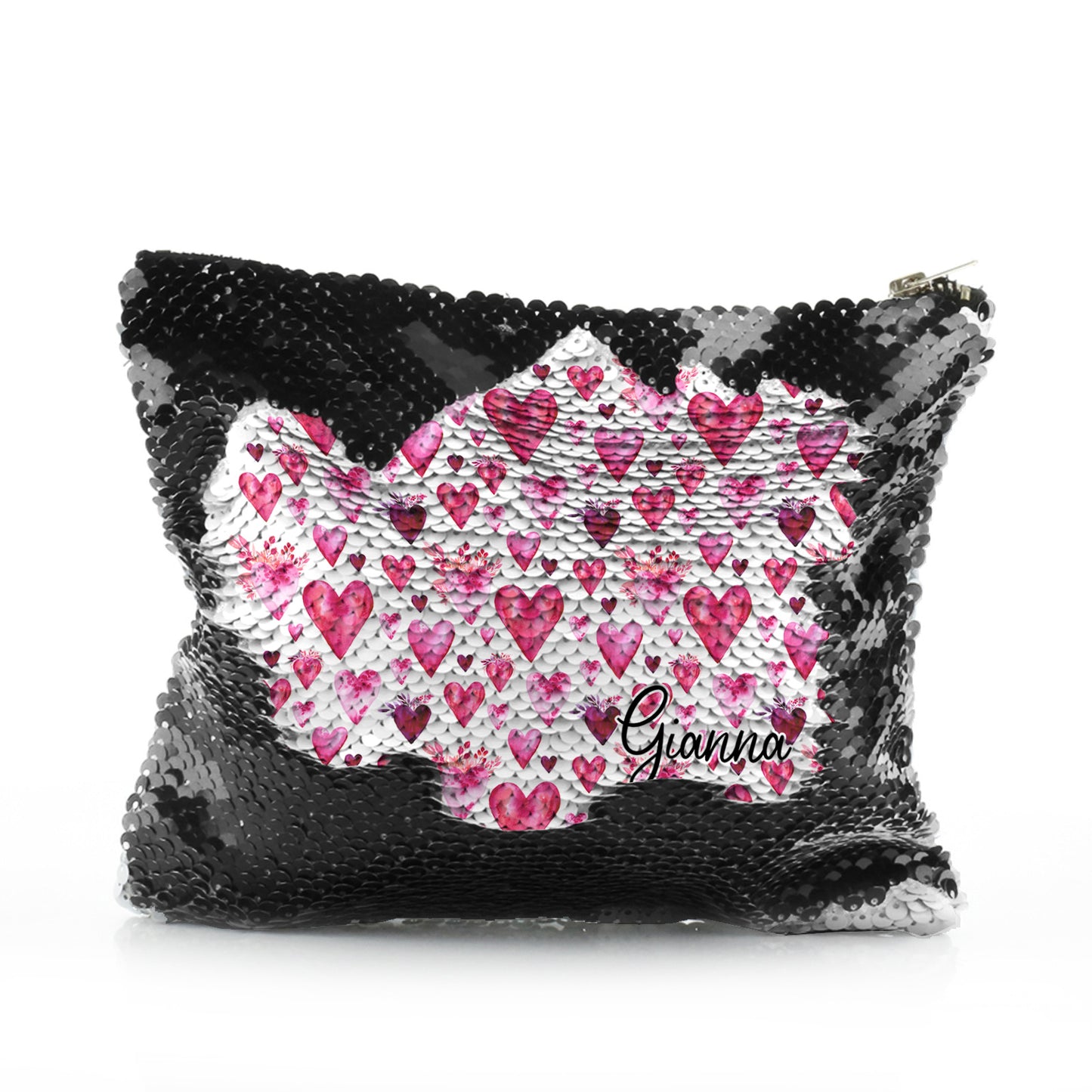 Personalised Sequin Zip Bag with Stylish Text and Valentine Hearts Print