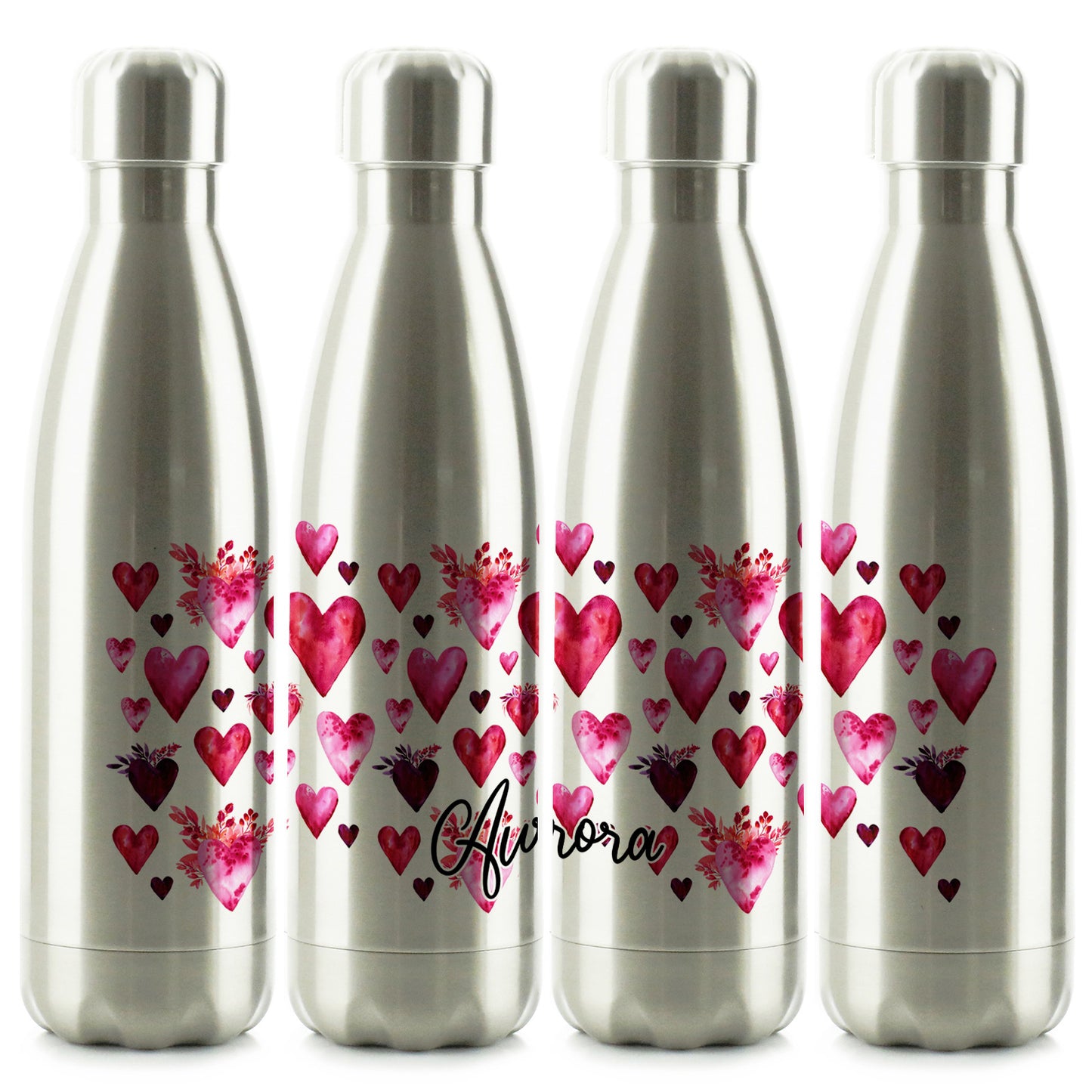 Personalised Cola Bottle with Stylish Text and Valentine Hearts Print