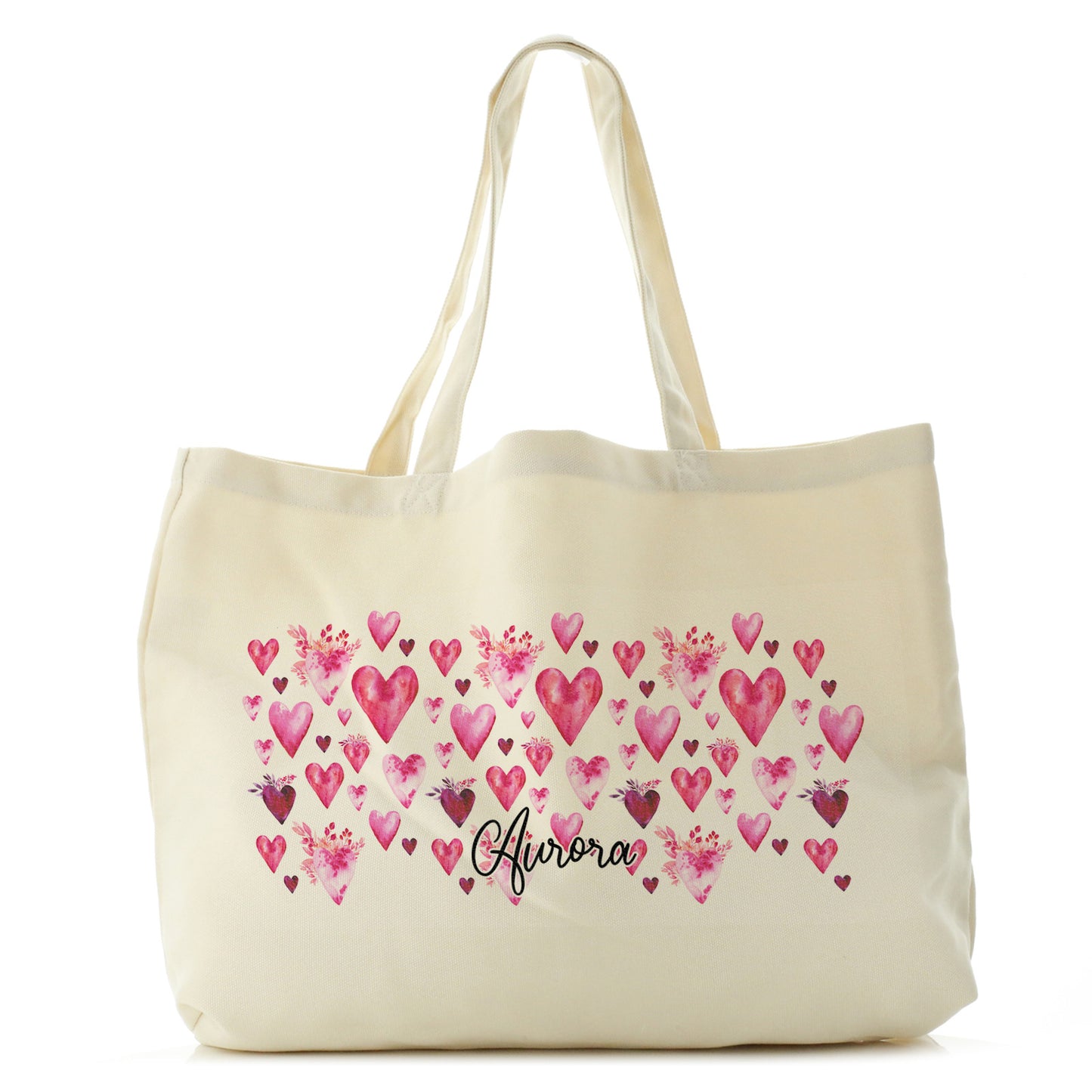 Personalised Canvas Tote Bag with Stylish Text and Valentine Hearts Print